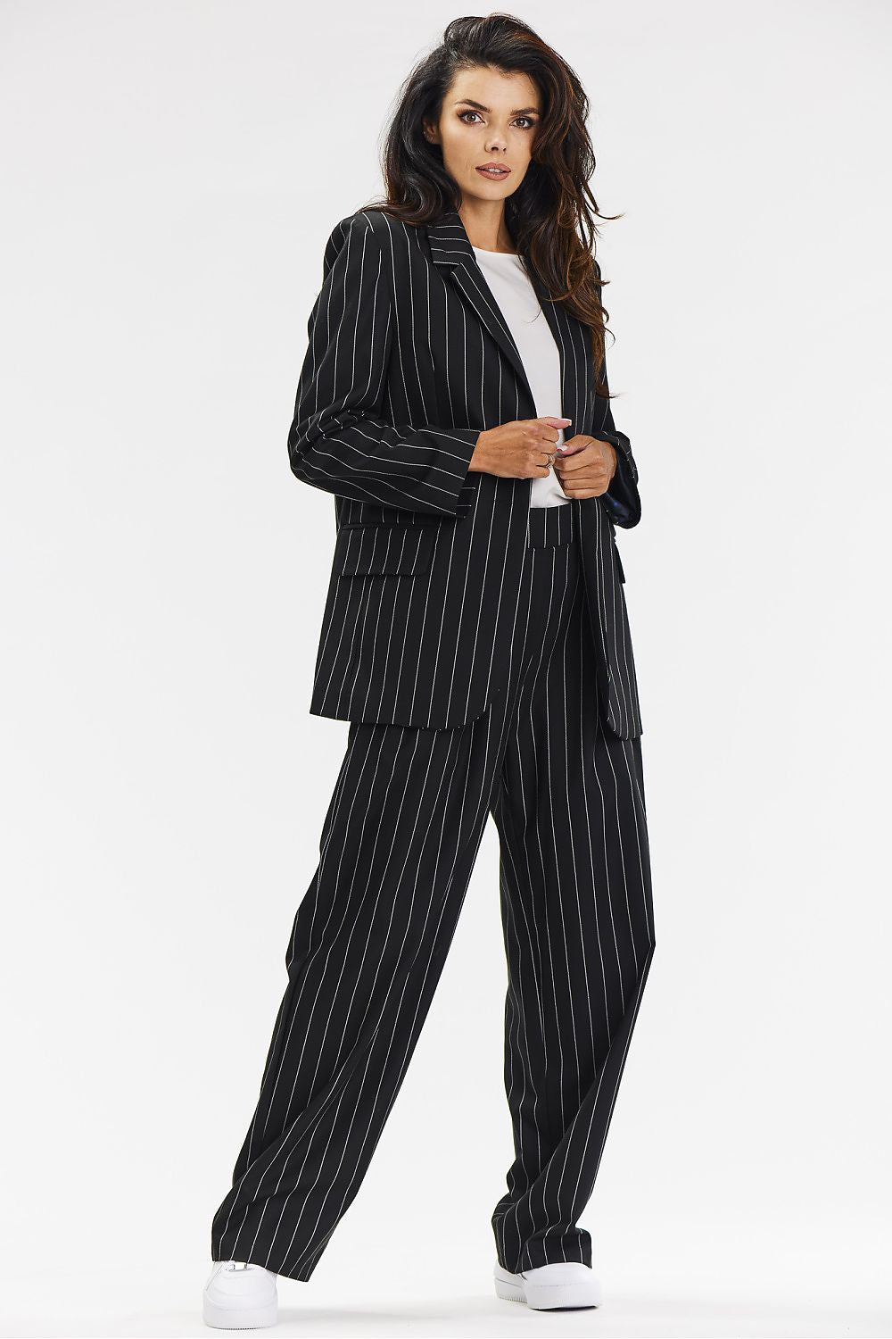 Elegant Wide-Leg Trousers For Women – Grey With White Stripe, Comfortable Viscose Fabric