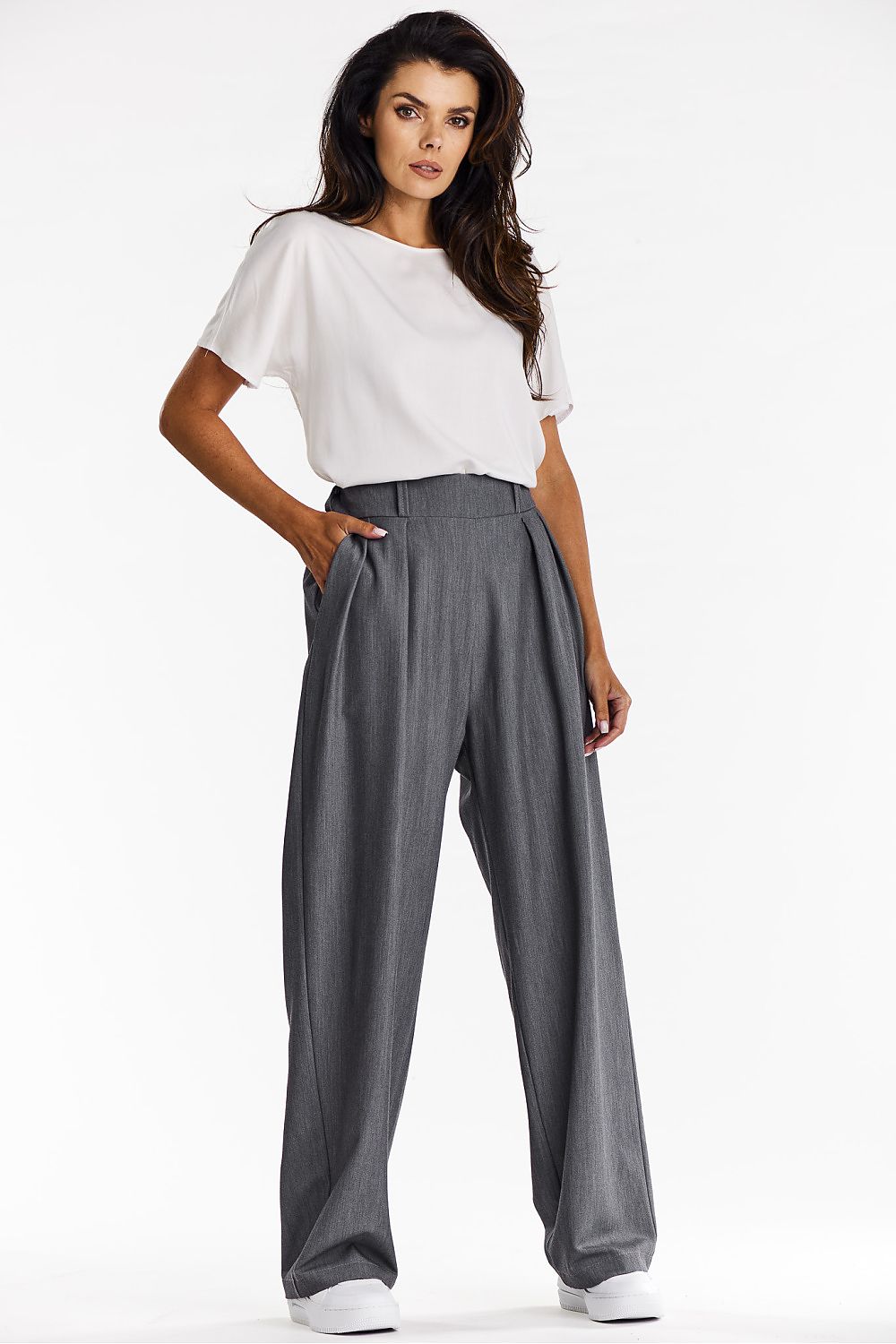 Elegant Gray Wide-Leg Trousers for Women - Comfort Fit Viscose Fabric by Awama