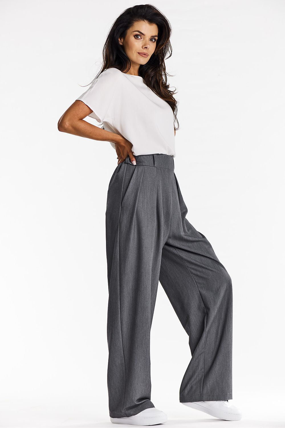 Elegant Gray Wide-Leg Trousers for Women - Comfort Fit Viscose Fabric by Awama