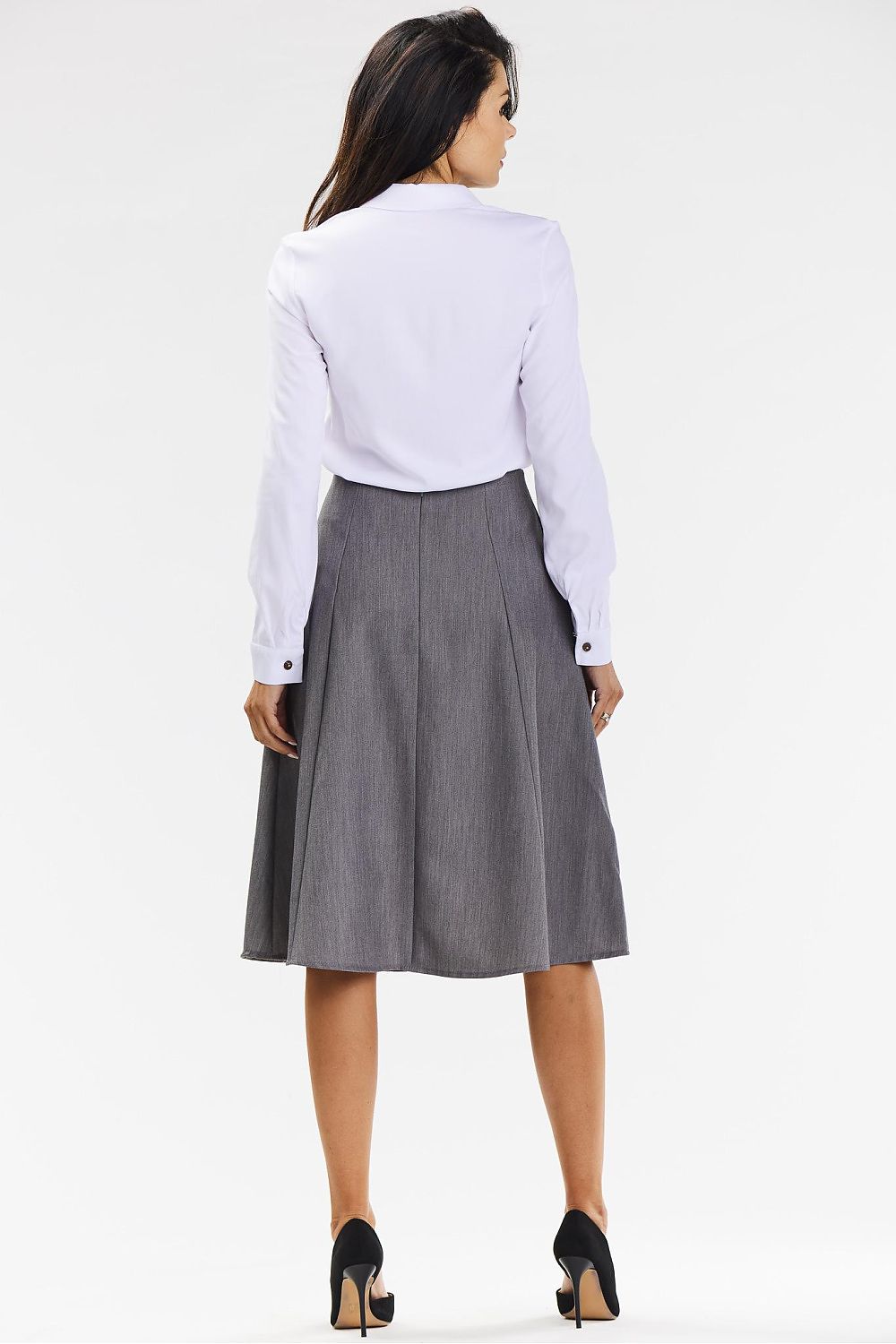 Elegant Flared Midi Skirt in Grey with Covered Zipper - Perfect for Formal and Business Occasions