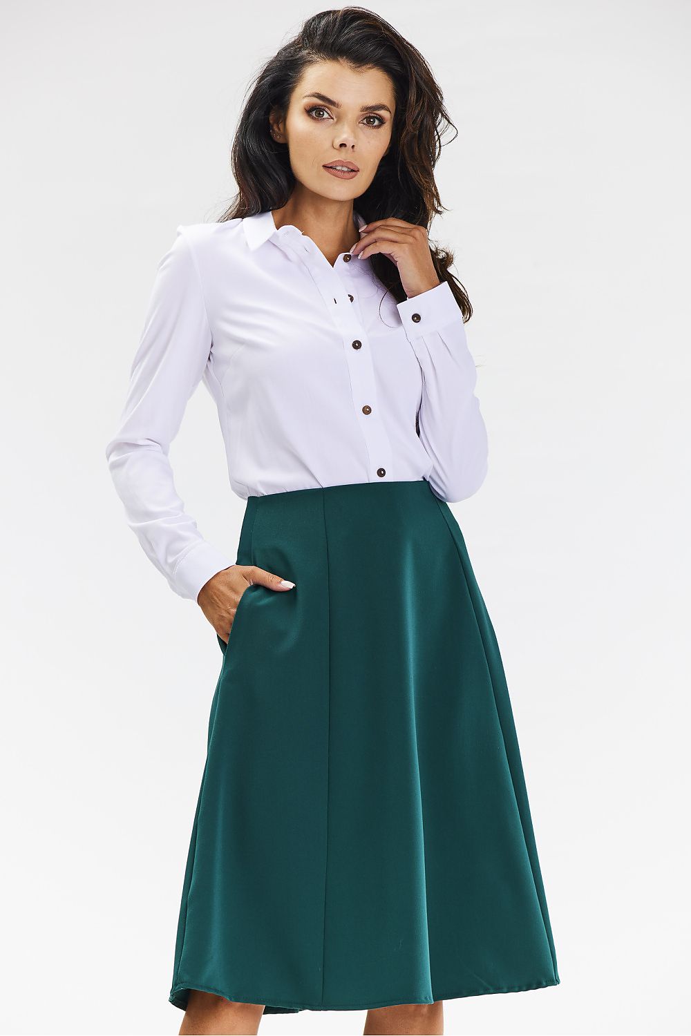 Elegant Flared Midi Skirt in Grey with Covered Zipper - Perfect for Formal and Business Occasions