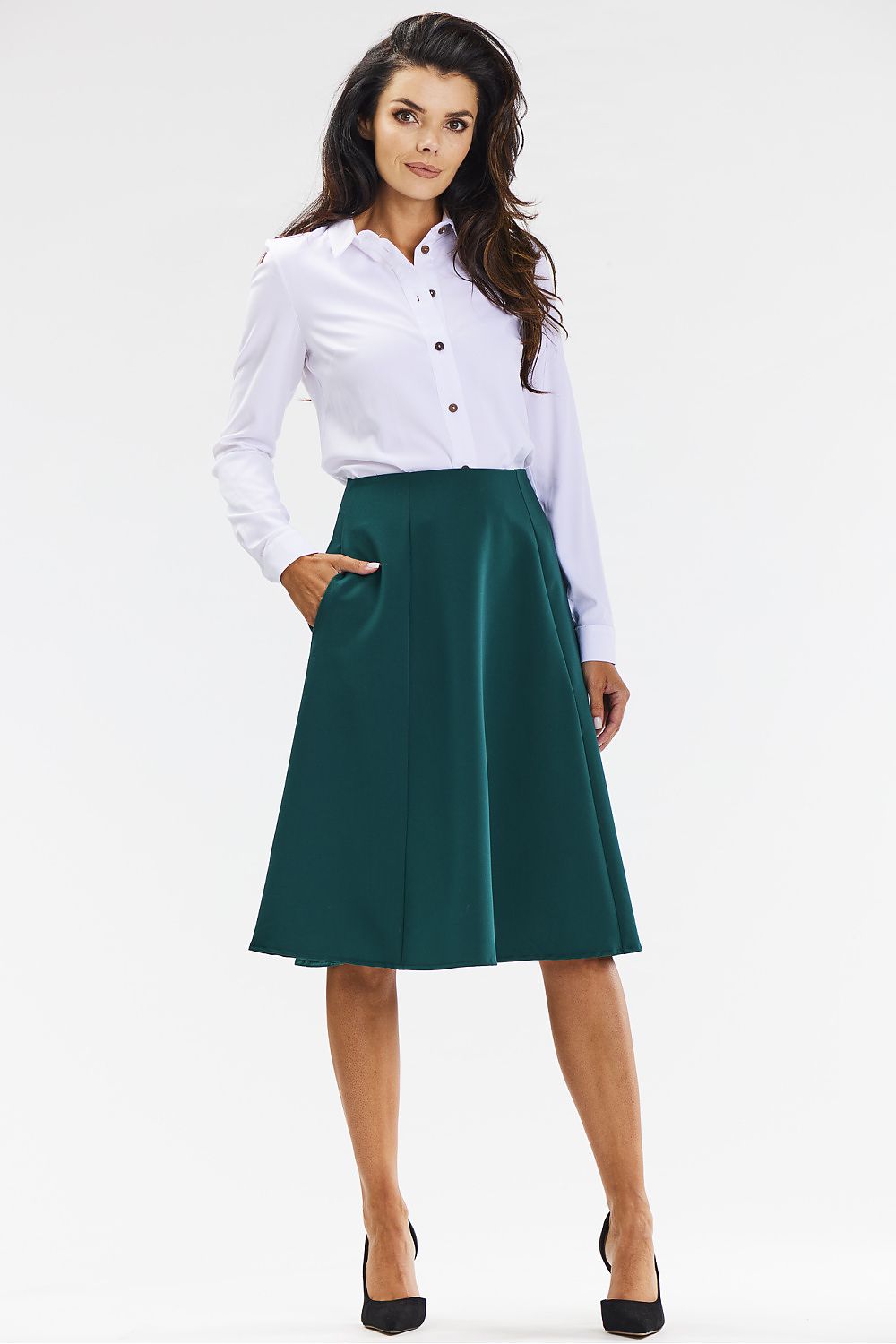 Elegant Flared Midi Skirt in Grey with Covered Zipper - Perfect for Formal and Business Occasions