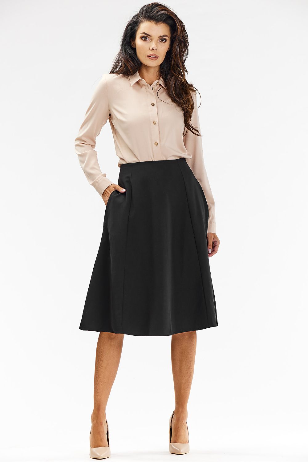 Elegant Flared Midi Skirt in Grey with Covered Zipper - Perfect for Formal and Business Occasions