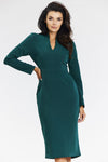 Elegant Green Midi Dress with Long Sleeves, V Neckline & Fitted Cut by Awama