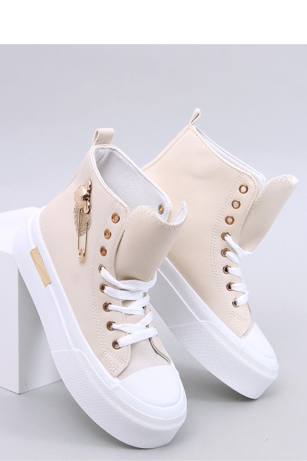 Stylish Women's Eco Leather Sneakers with High Sole and Gold Details - Ankle Model by Inello