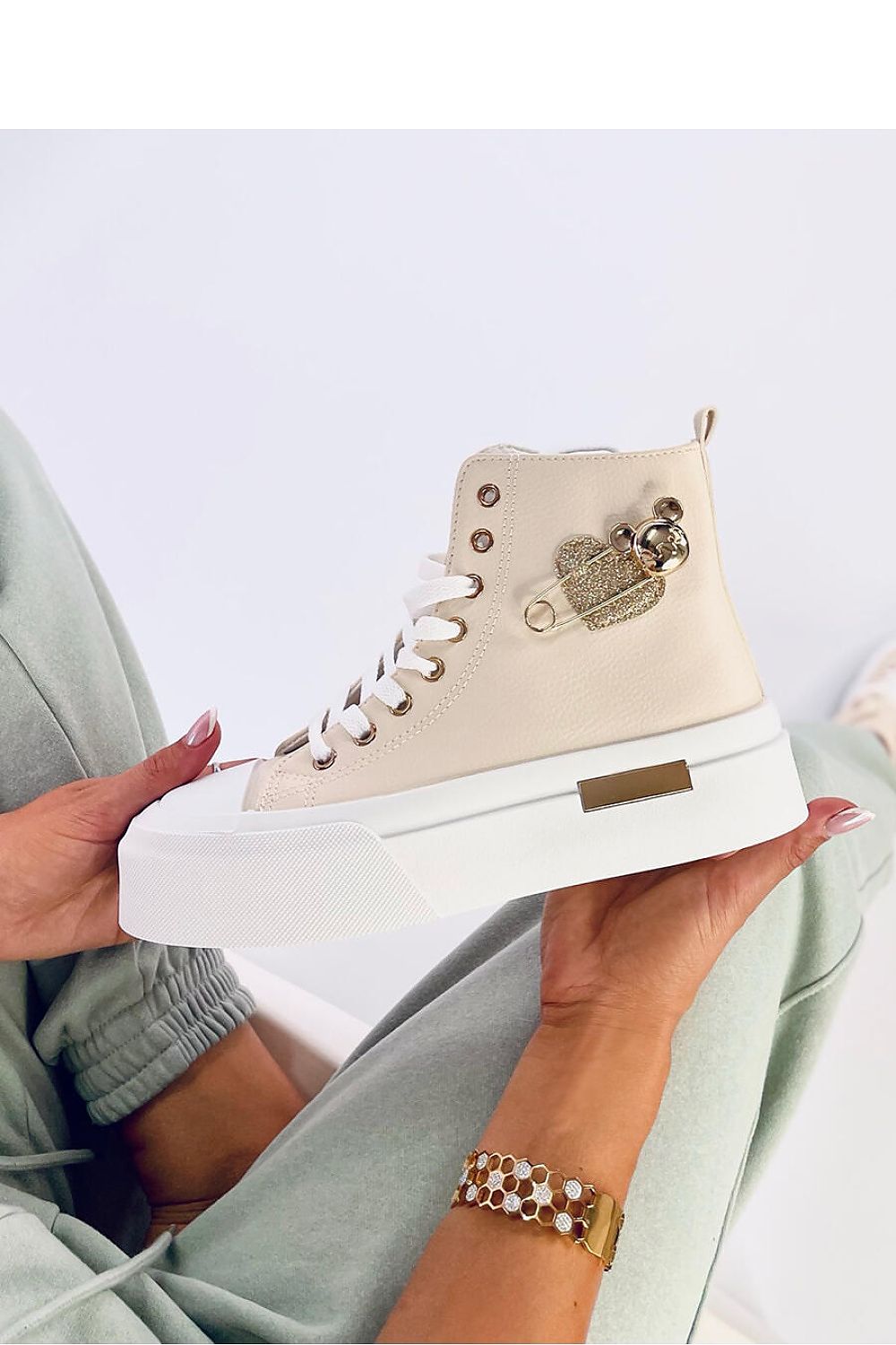 Stylish Women's Eco Leather Sneakers with High Sole and Gold Details - Ankle Model by Inello