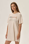 Fune Cosmo Nightgown by Henderson - Soft Beige T-Shirt Cut with Celestial Moon Motif, Cotton Blend
