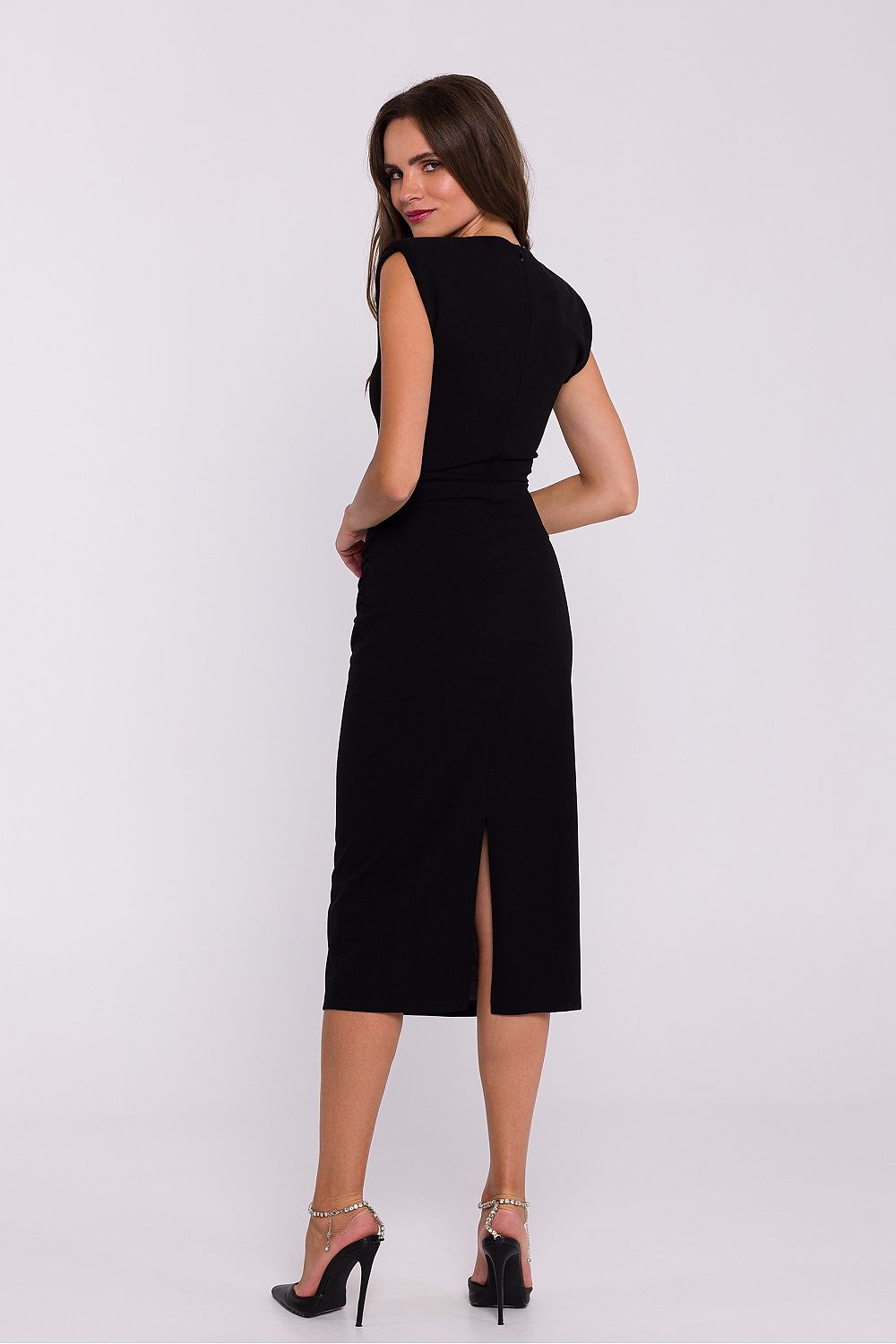 Elegant Sleeveless Midi Tube Dress with Shoulder Pads and Side Pleats by Stylove