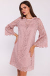 Stylove Elegant Double Layer Trapeze Dress with Lace Overlay and Frilled Elbow-Length Sleeves
