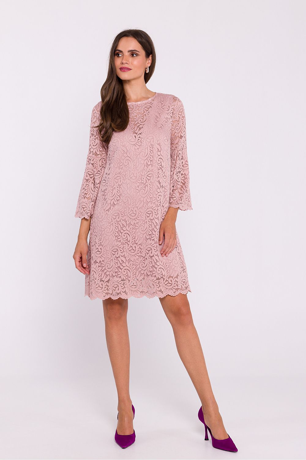 Stylove Elegant Double Layer Trapeze Dress with Lace Overlay and Frilled Elbow-Length Sleeves