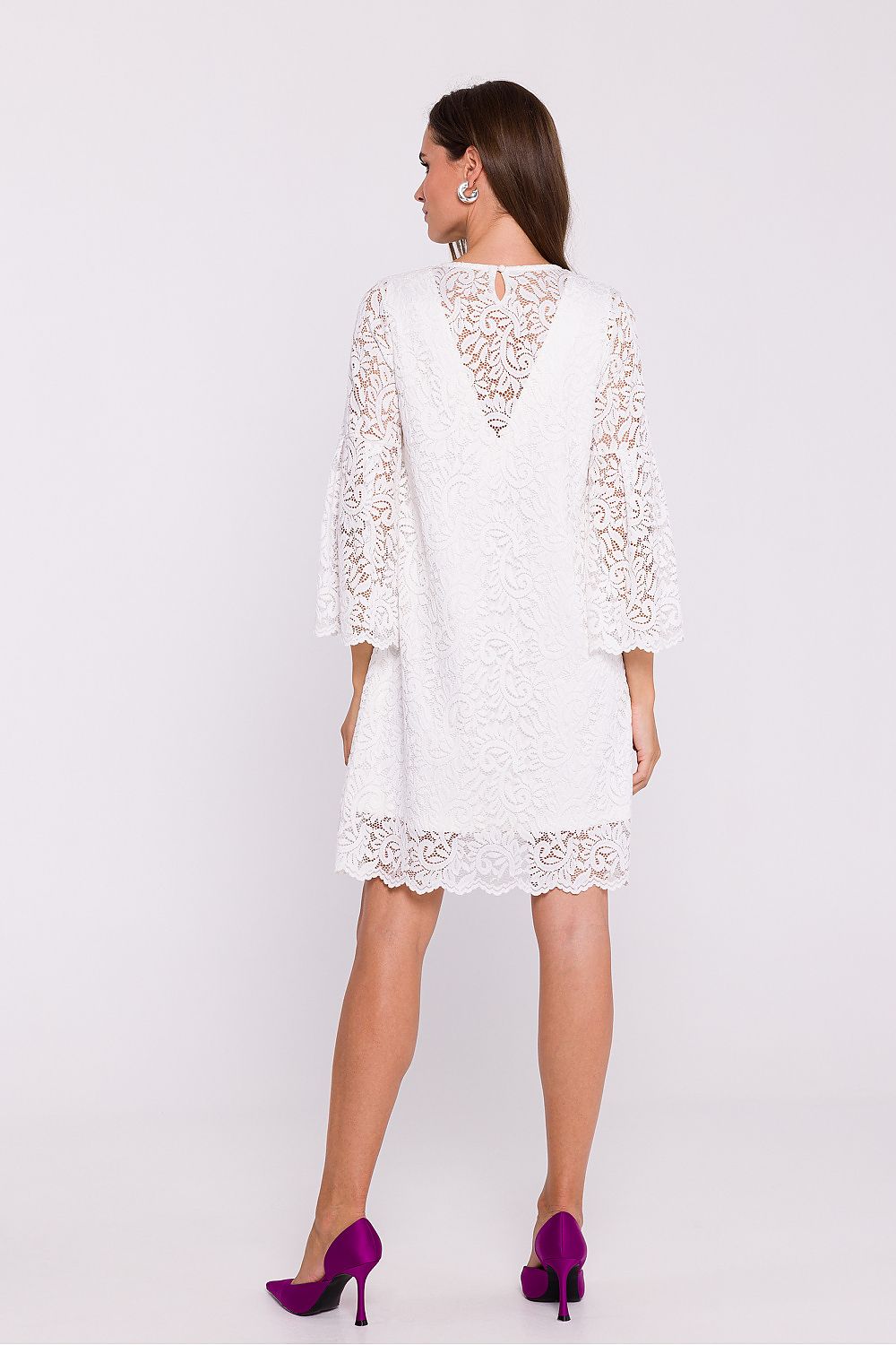 Stylove Elegant Double Layer Trapeze Dress with Lace Overlay and Frilled Elbow-Length Sleeves