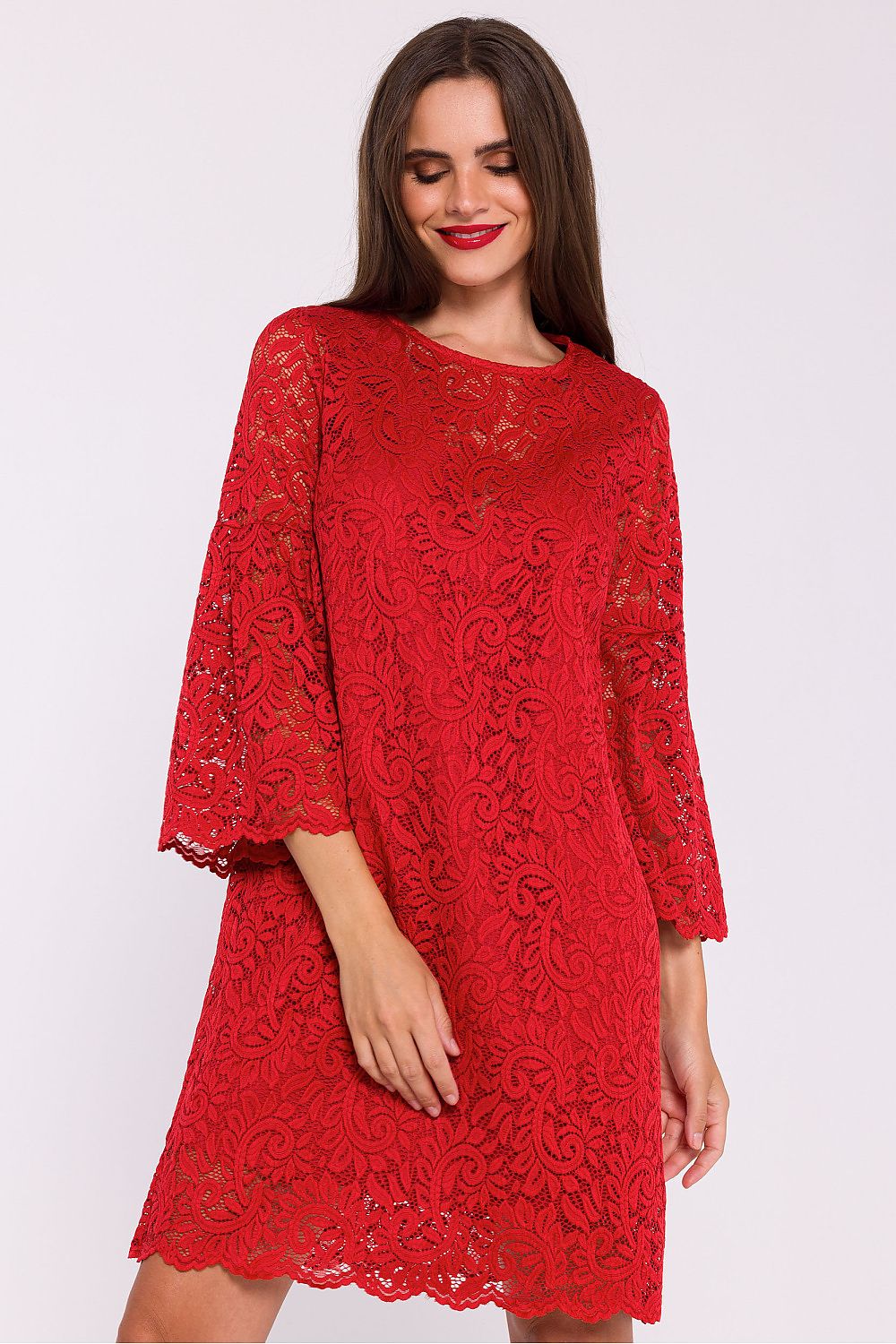 Stylove Elegant Double Layer Trapeze Dress with Lace Overlay and Frilled Elbow-Length Sleeves