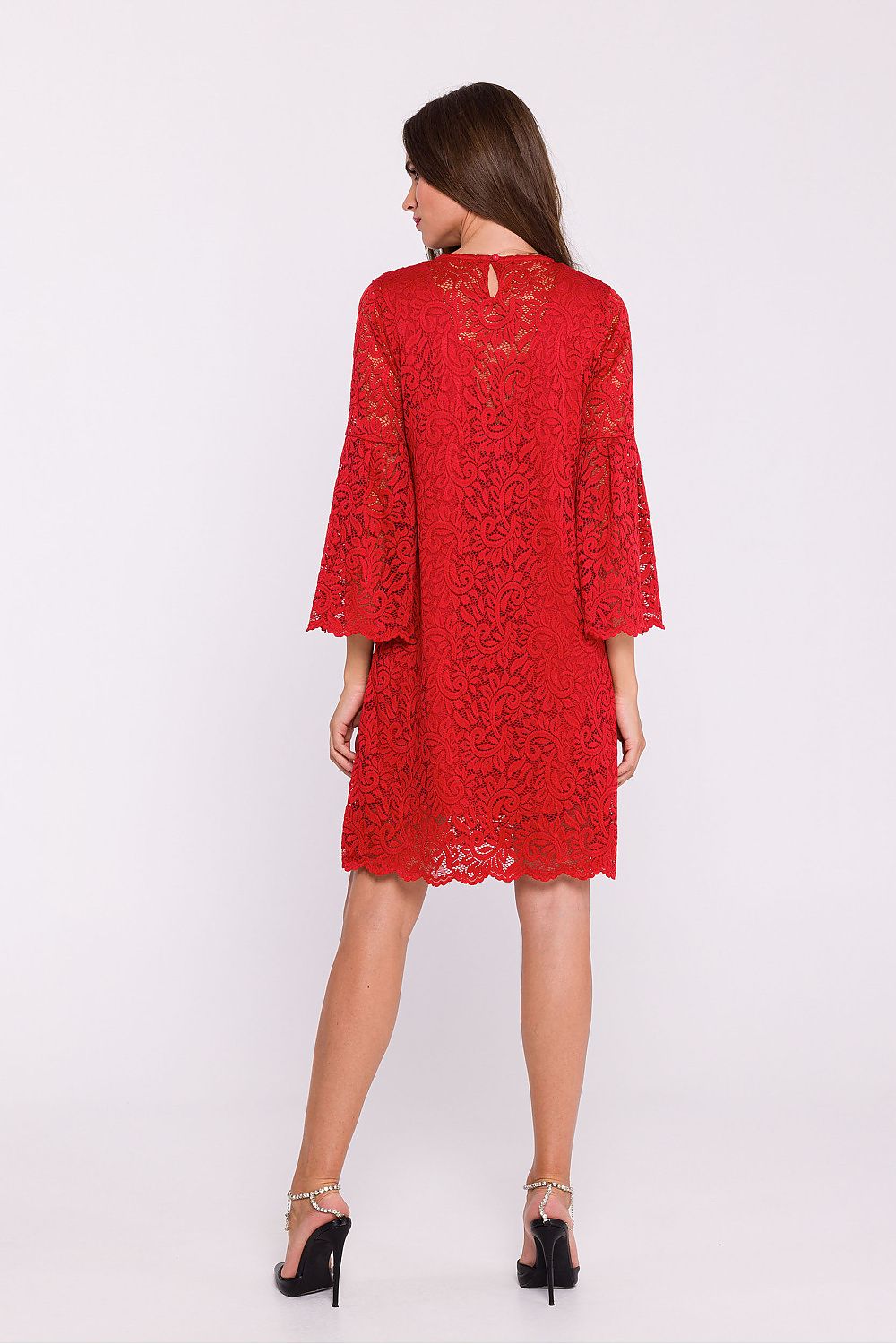 Stylove Elegant Double Layer Trapeze Dress with Lace Overlay and Frilled Elbow-Length Sleeves