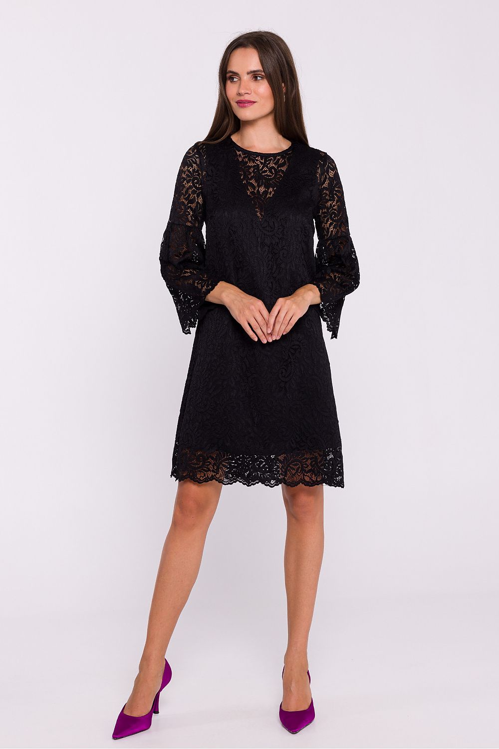 Stylove Elegant Double Layer Trapeze Dress with Lace Overlay and Frilled Elbow-Length Sleeves