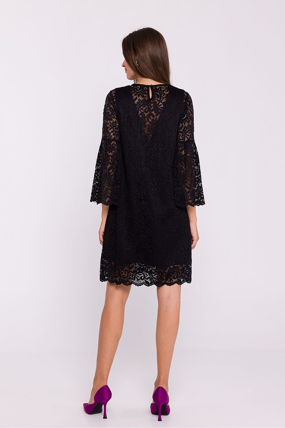 Stylove Elegant Double Layer Trapeze Dress with Lace Overlay and Frilled Elbow-Length Sleeves