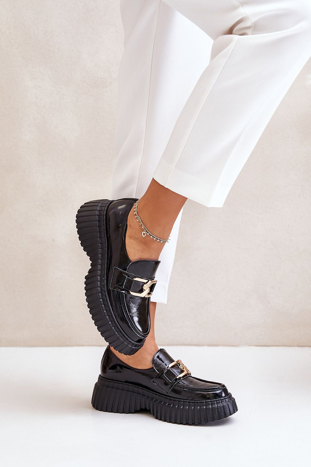 Women's Natural Leather Half Shoes with Chain Detail and Platform - Stylish Comfort for Everyday Wear