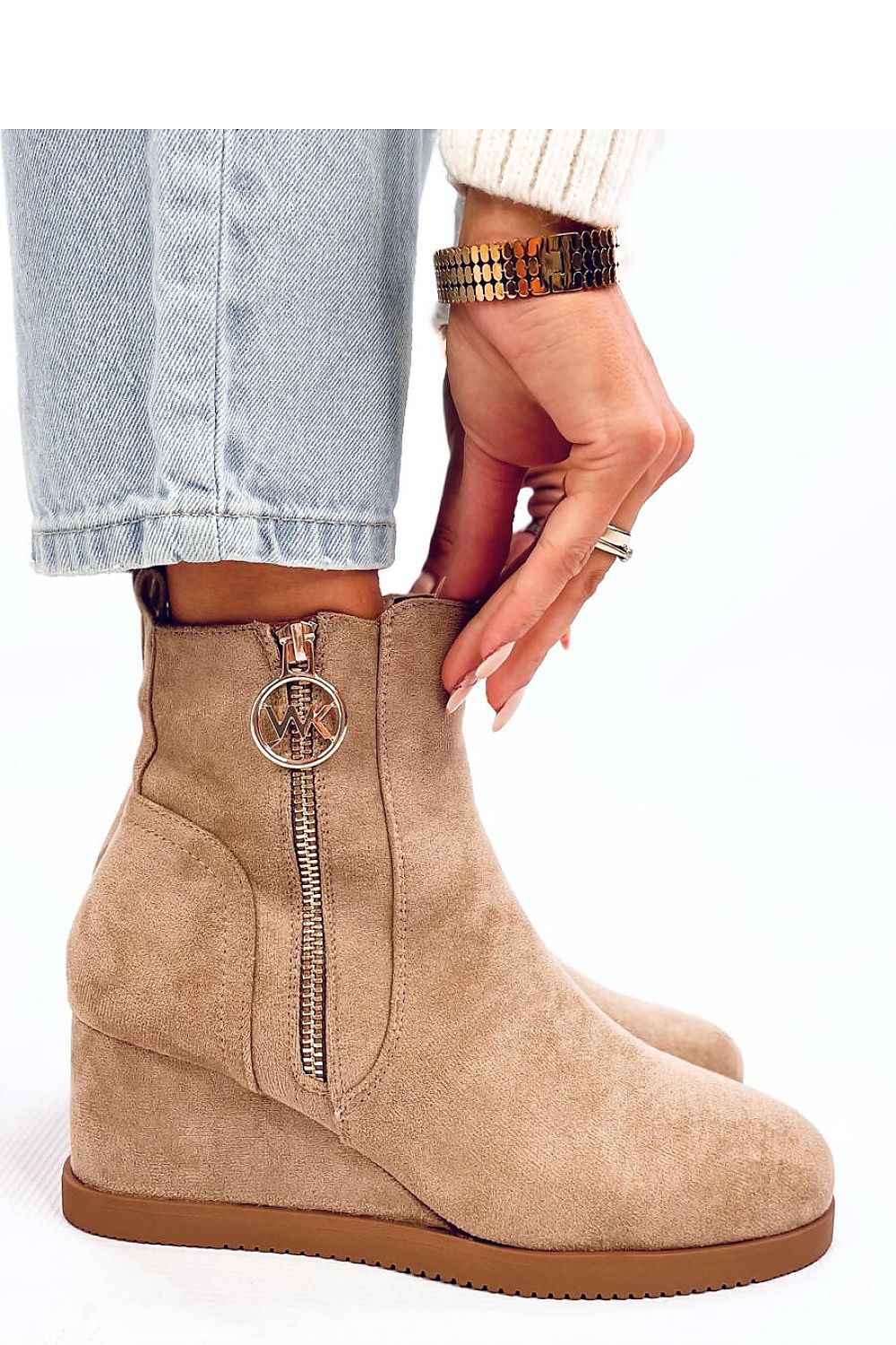 Inello Women's Eco-Suede Buskin Boots with 6 cm Heel and Stylish Gold Zipper Closure