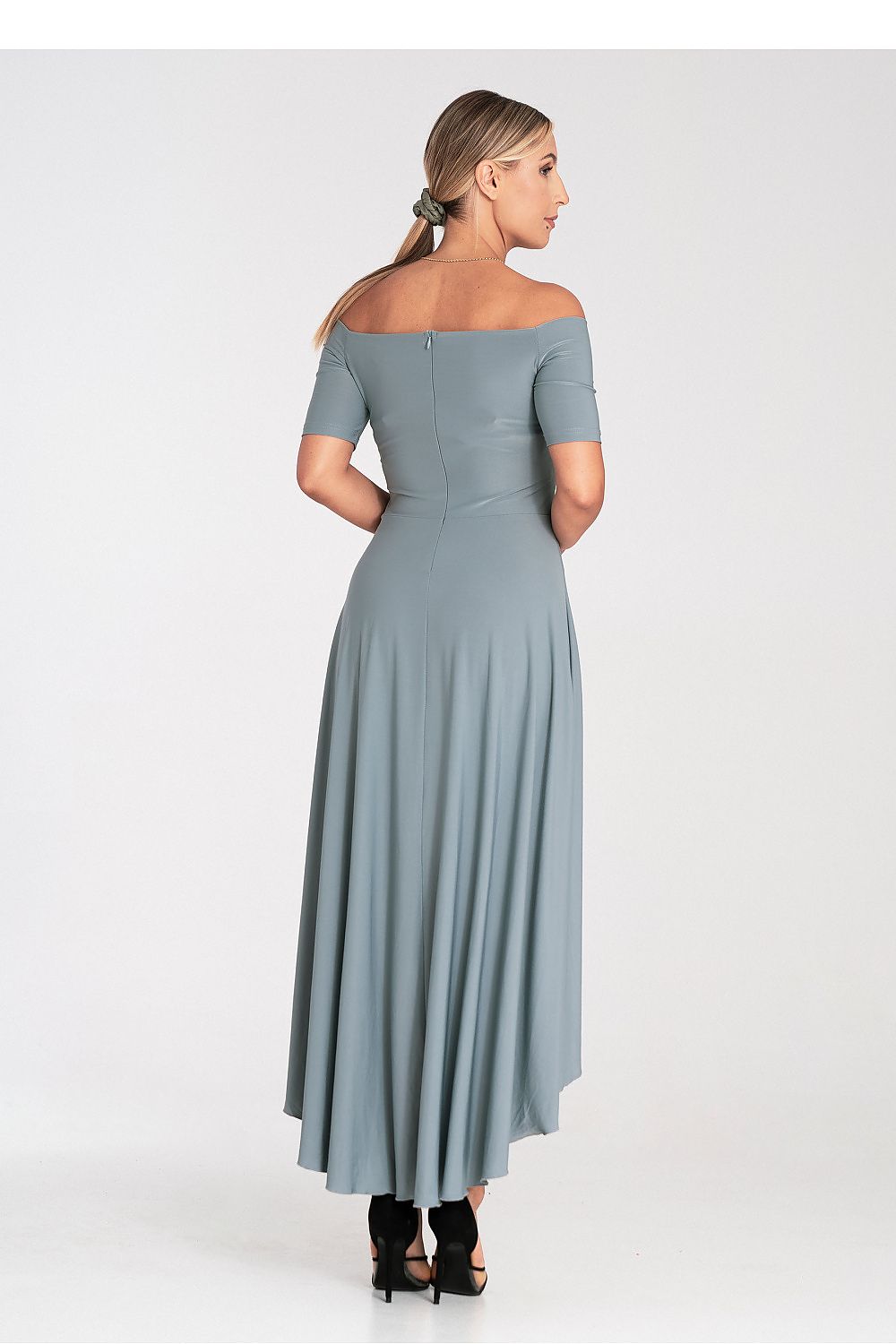 Elegant Asymmetrical Evening Dress by Figl with Flared Hem and Zip Back Closure