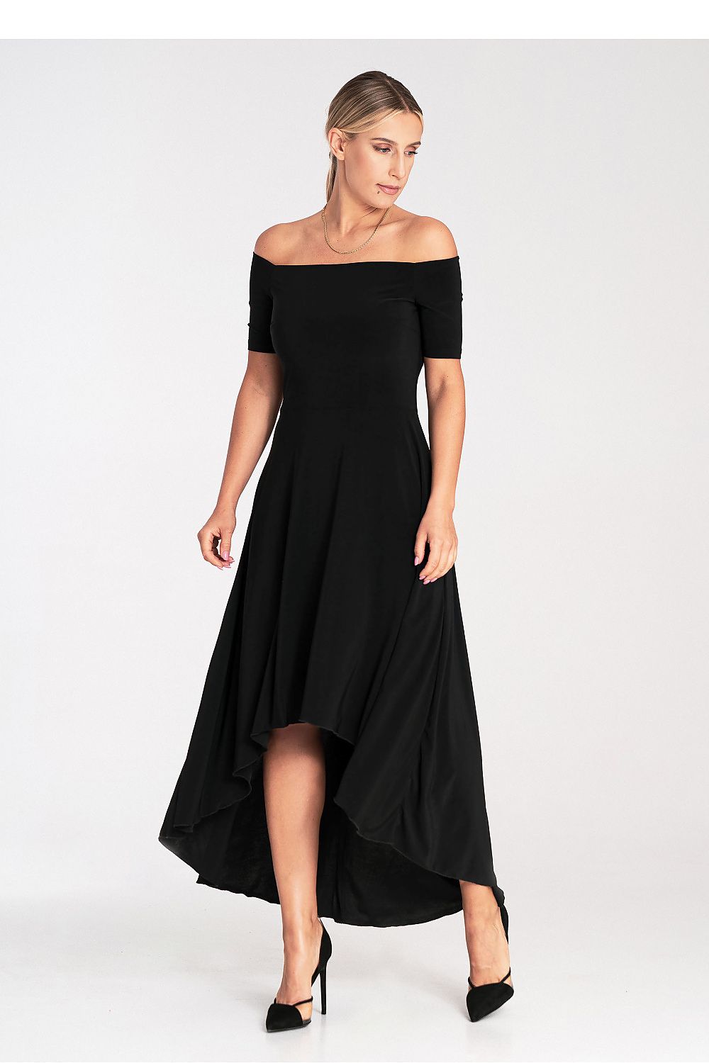 Elegant Asymmetrical Evening Dress by Figl with Flared Hem and Zip Back Closure