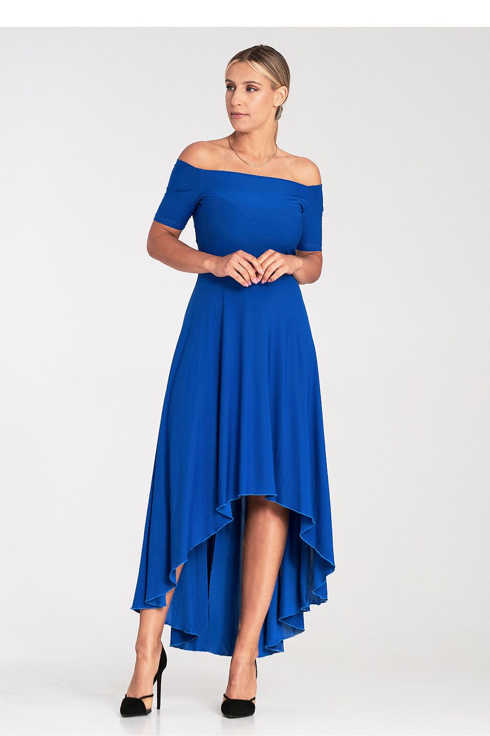 Elegant Asymmetrical Evening Dress by Figl with Flared Hem and Zip Back Closure