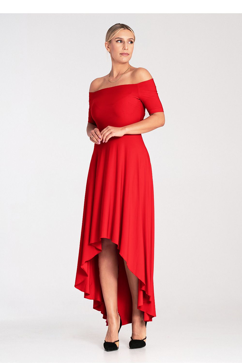Elegant Asymmetrical Evening Dress by Figl with Flared Hem and Zip Back Closure