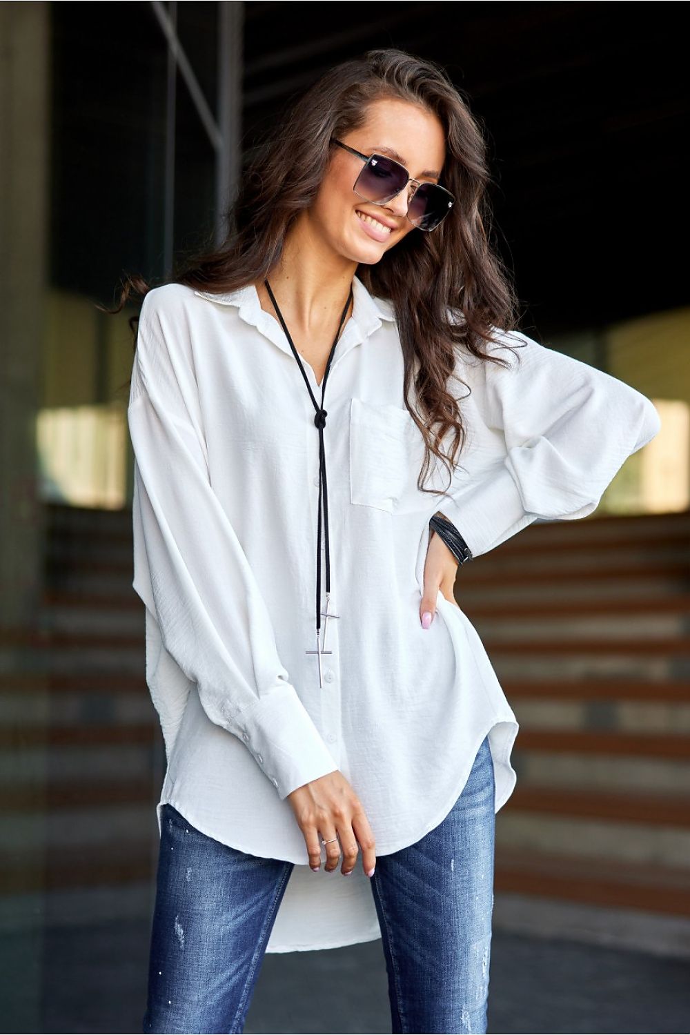 Asymmetrical Oversized Long Sleeve Women's Shirt with Classic Collar from Roco Fashion