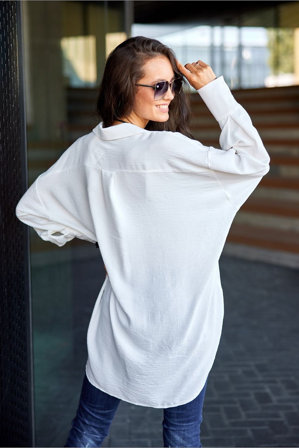 Asymmetrical Oversized Long Sleeve Women's Shirt with Classic Collar from Roco Fashion