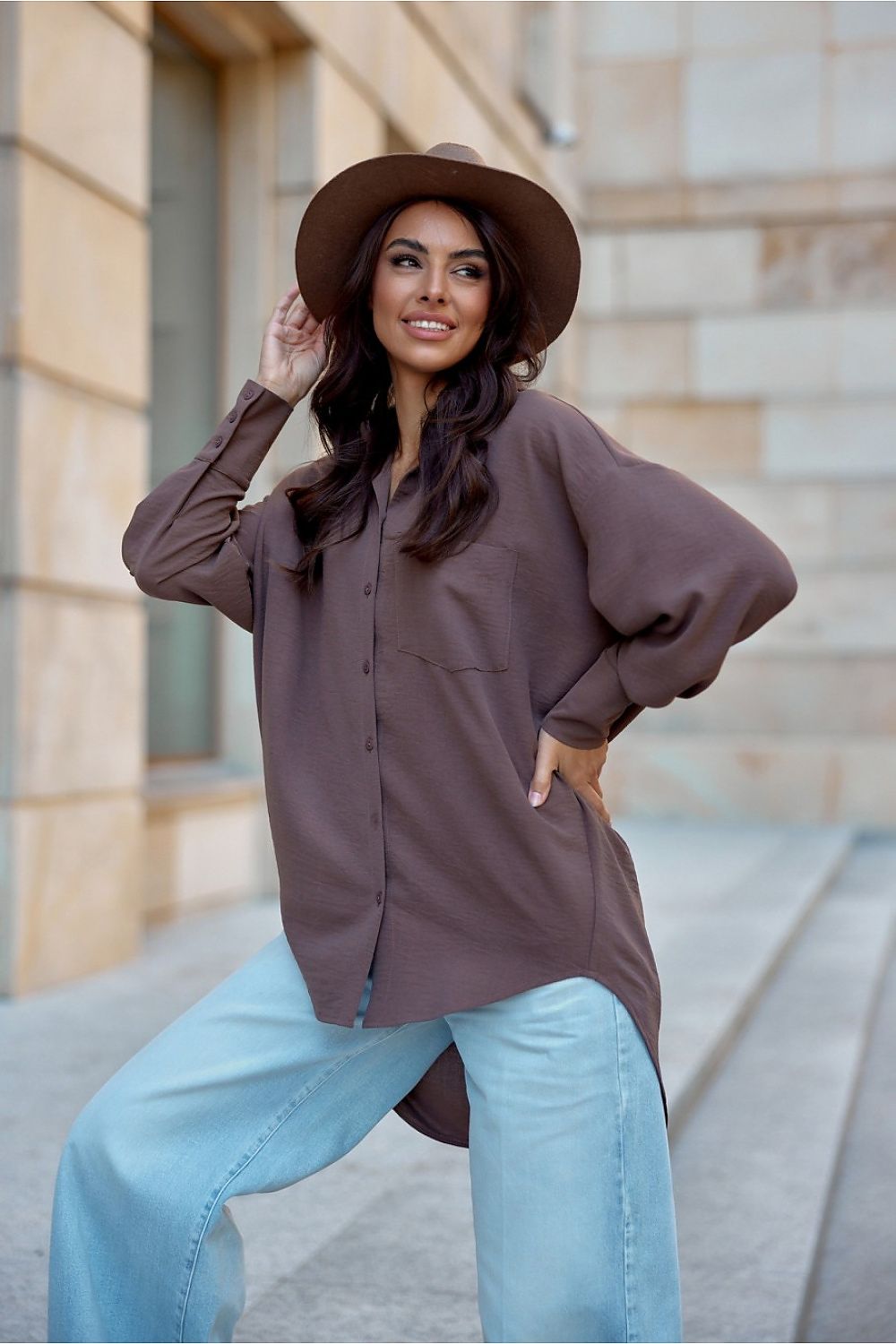 Asymmetrical Oversized Long Sleeve Women's Shirt with Classic Collar from Roco Fashion