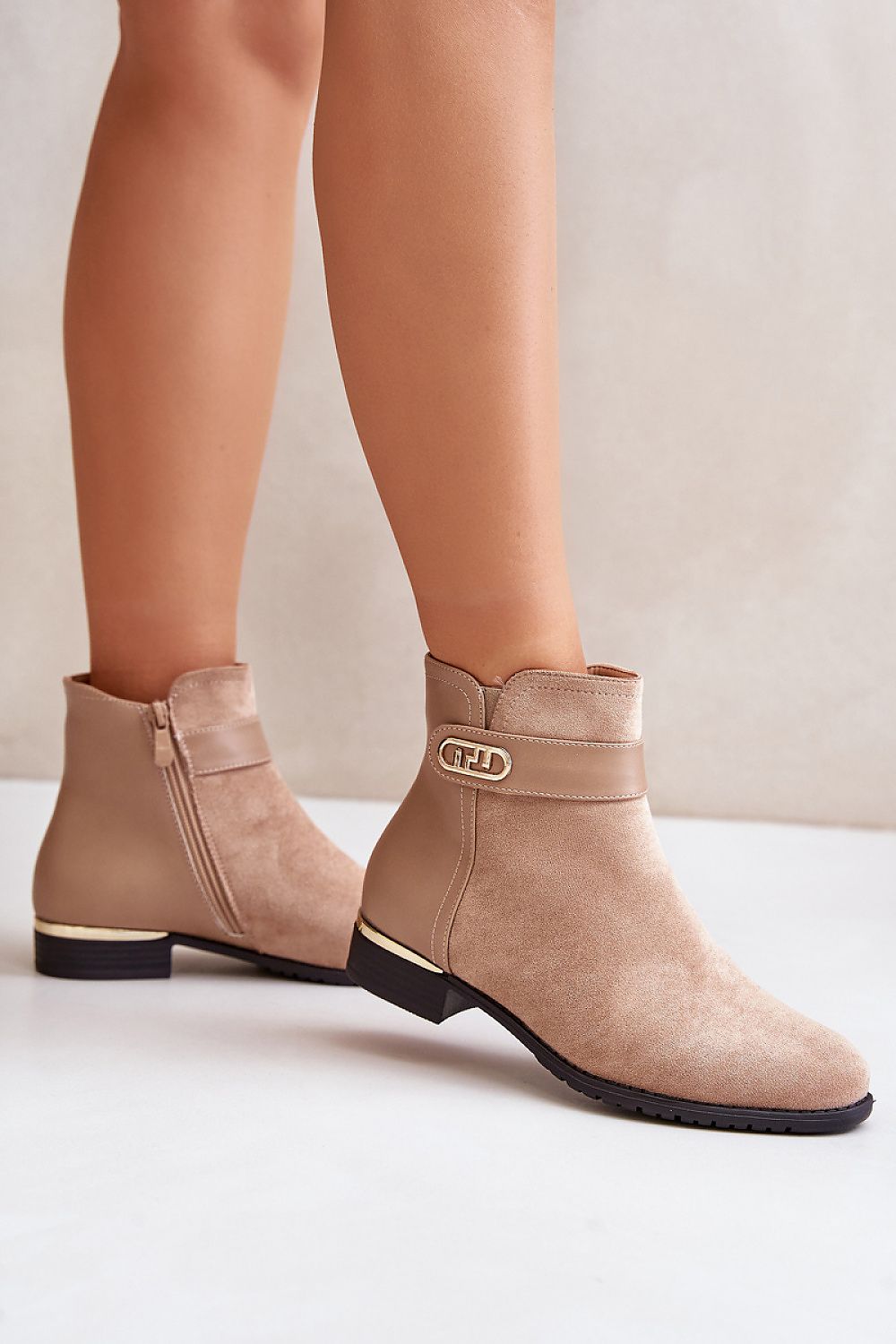 Elegant Eco-Suede Low Boots With Gold Detail And Warm Shoe Blanket - 12.5cm Upper, 3cm Heel