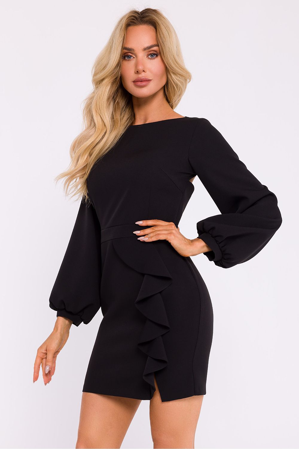 Elegant Moe Cocktail Mini Dress with Flounce, Long Sleeves and Back Cut-Out