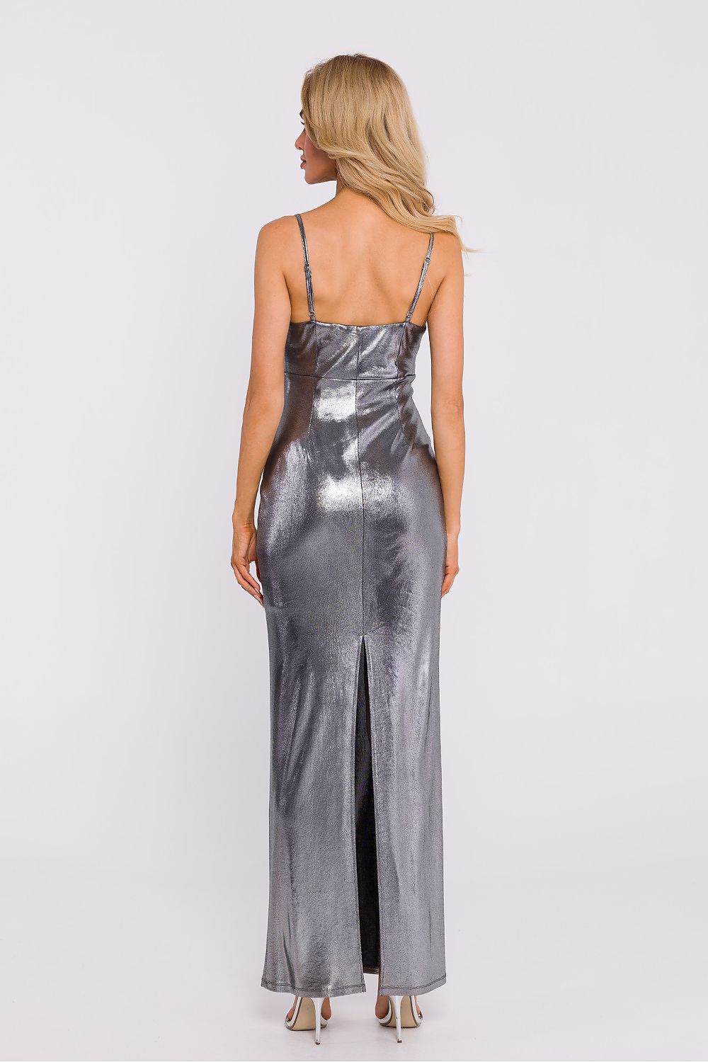 Elegant Metallic Sheen Maxi Dress with High Slit and Adjustable Straps by Moe