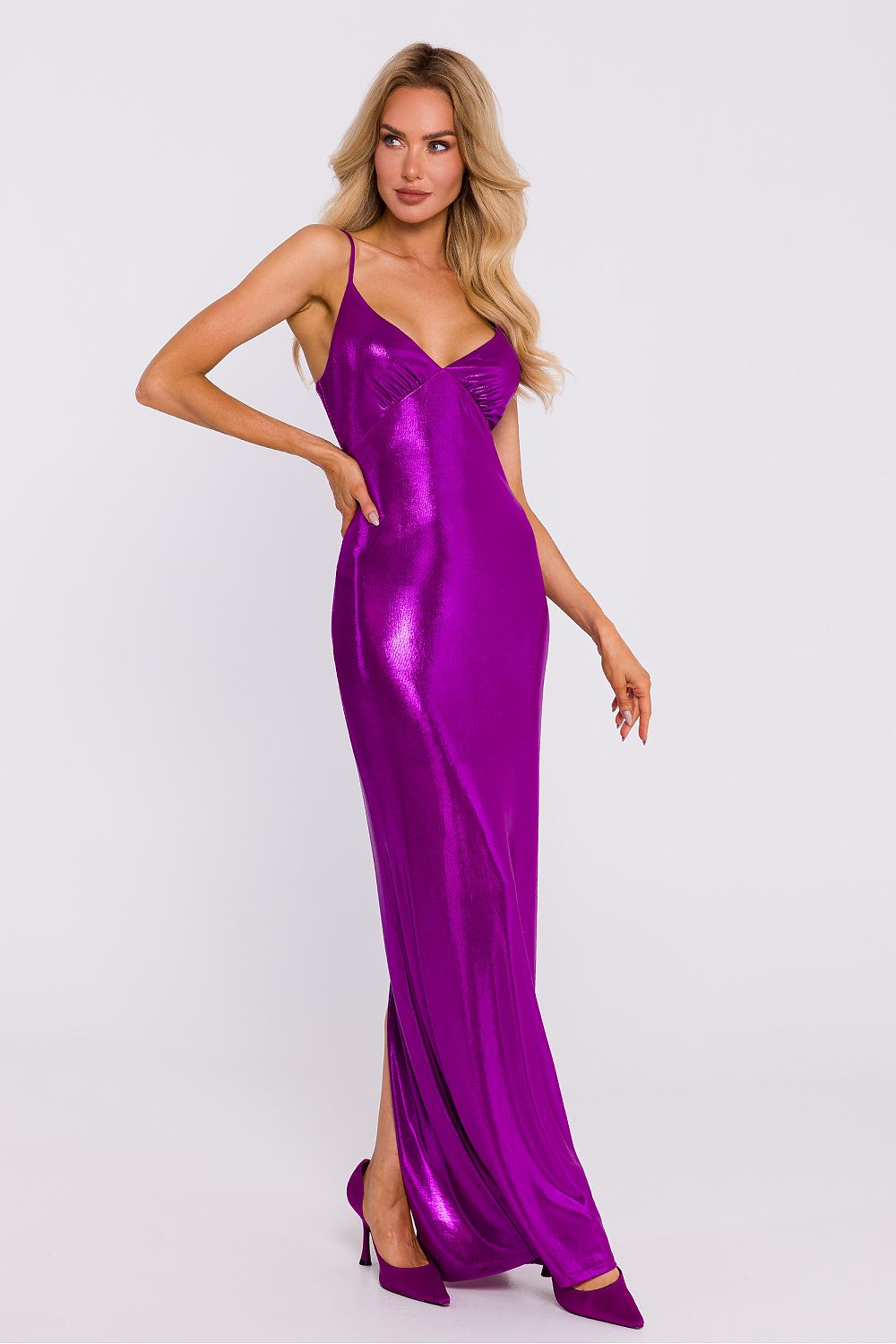 Elegant Metallic Sheen Maxi Dress with High Slit and Adjustable Straps by Moe