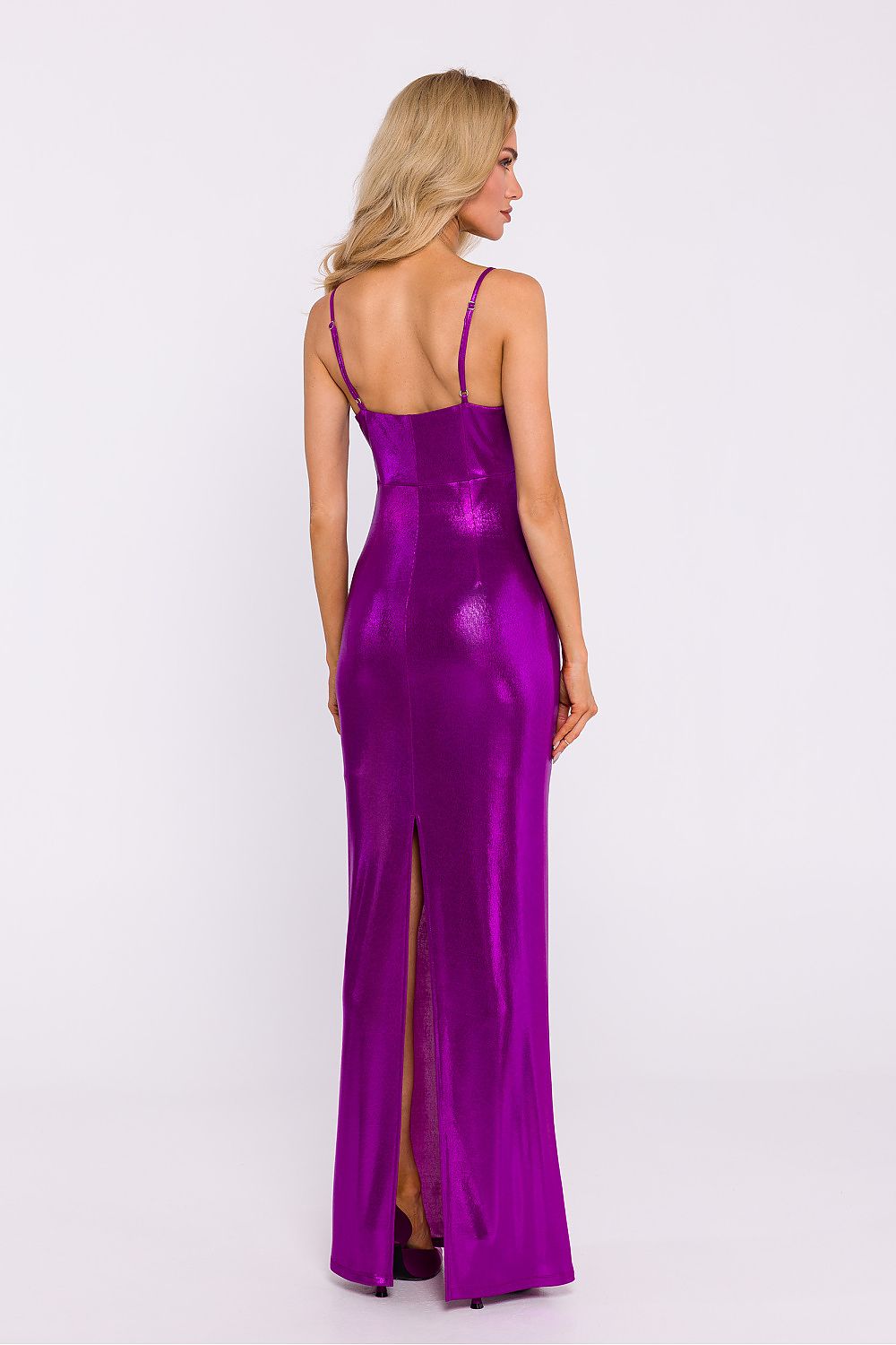 Elegant Metallic Sheen Maxi Dress with High Slit and Adjustable Straps by Moe