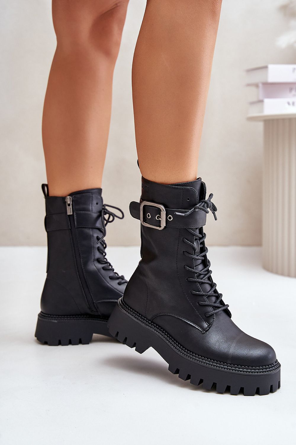 Big Star Eco Leather Worker Boots with Insulation, Zip and Lace, 21 cm Upper Height, Available in EU Sizes 36-41