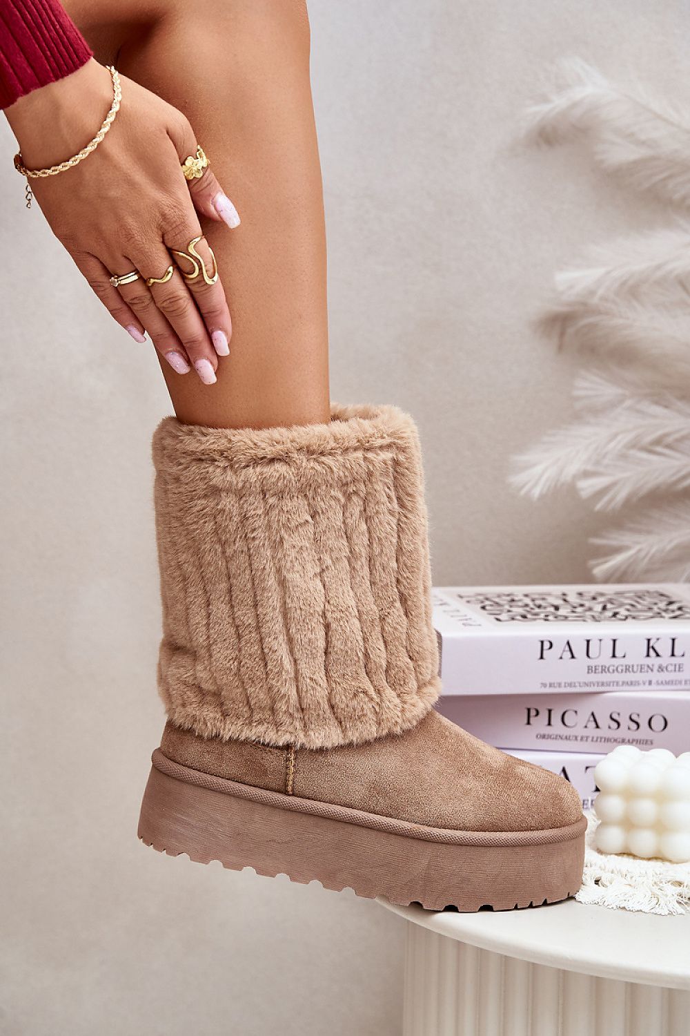 High Women's Snow Boots in Ecological Suede with Fur Lining - Platform Style, EU 36-41