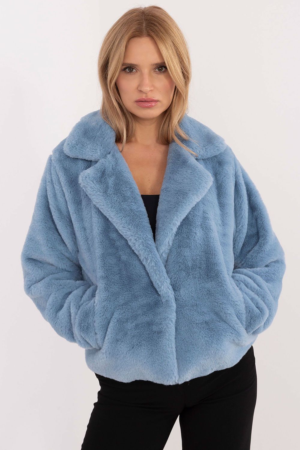 Elegant Blue Viscose Fur Jacket with Lined Collar, Sizes EU 0, Lightweight for Autumn-Winter