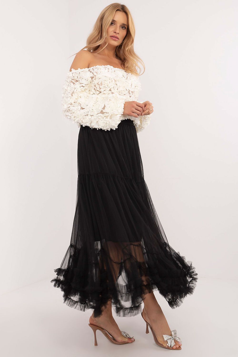 Elegant Boho Maxi Tulle Skirt with Ruffle, EU Size 0, Comfortable Elastic Waistband, Polyester