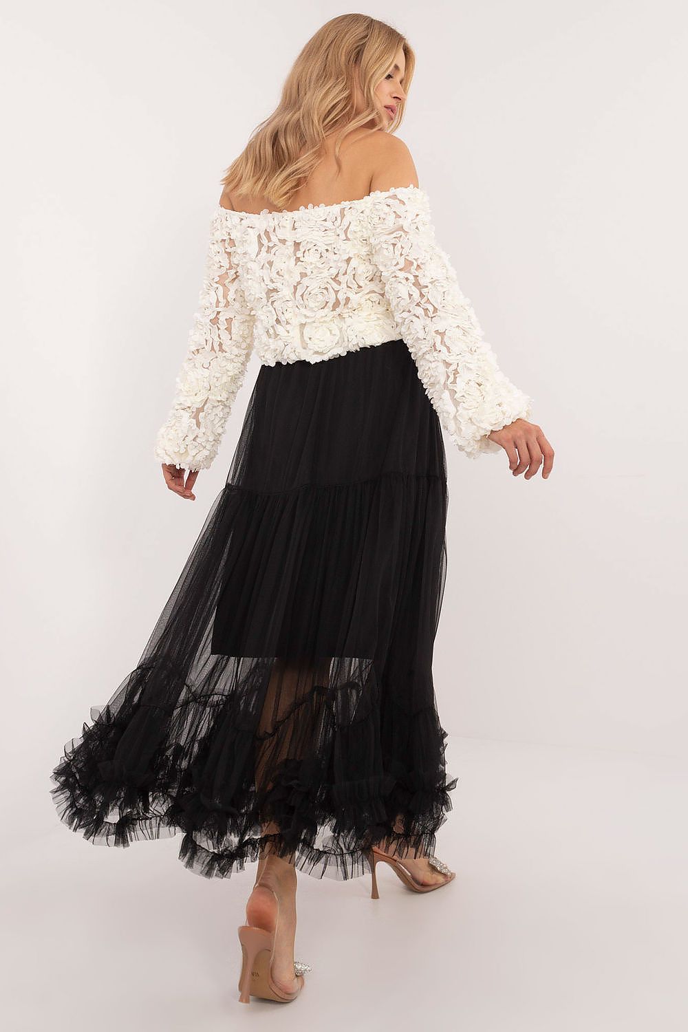 Elegant Boho Maxi Tulle Skirt with Ruffle, EU Size 0, Comfortable Elastic Waistband, Polyester