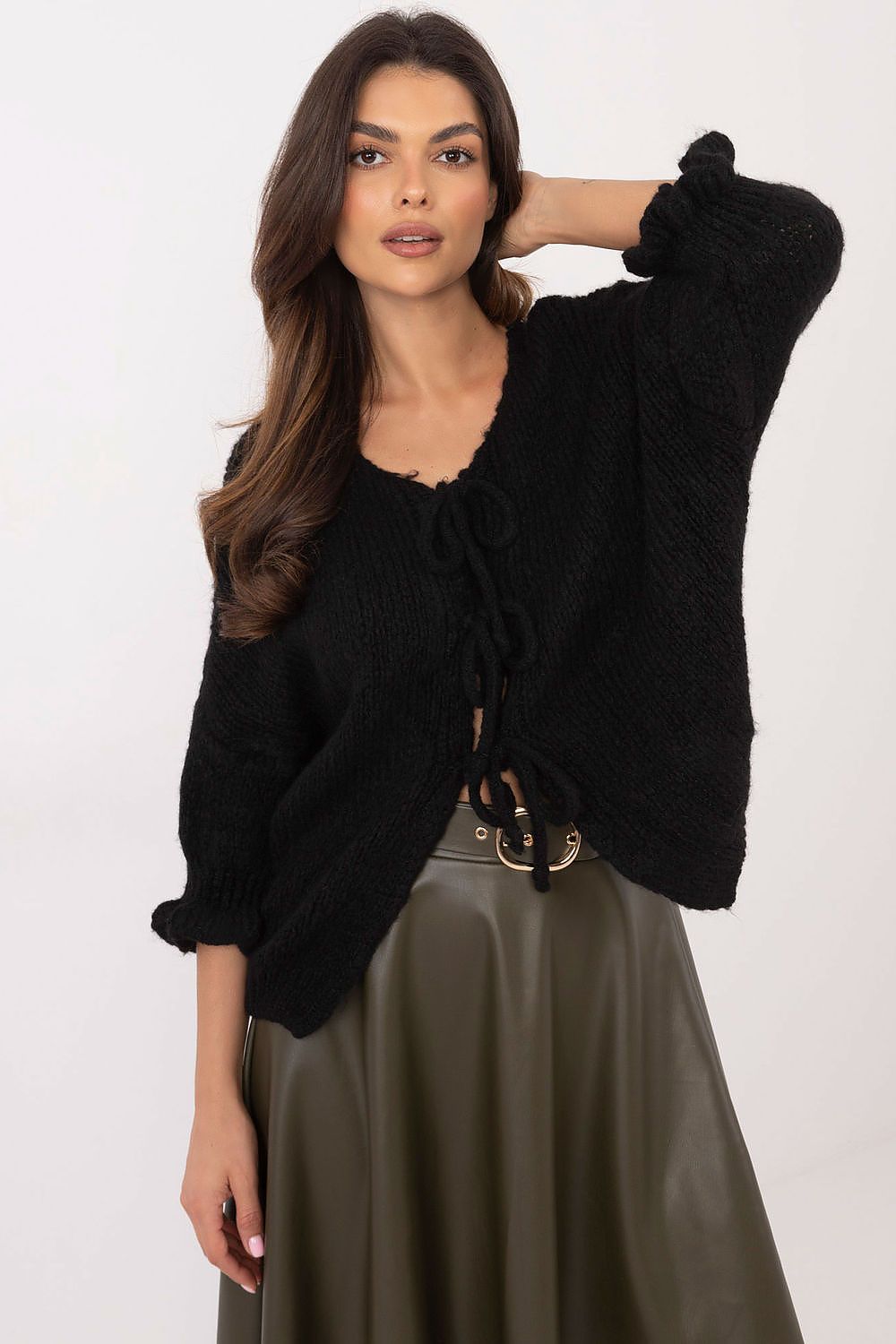 Elegant Women's Casual Cardigan Sweater with Three-Tie Binding and 3/4 Sleeves by Italy Moda