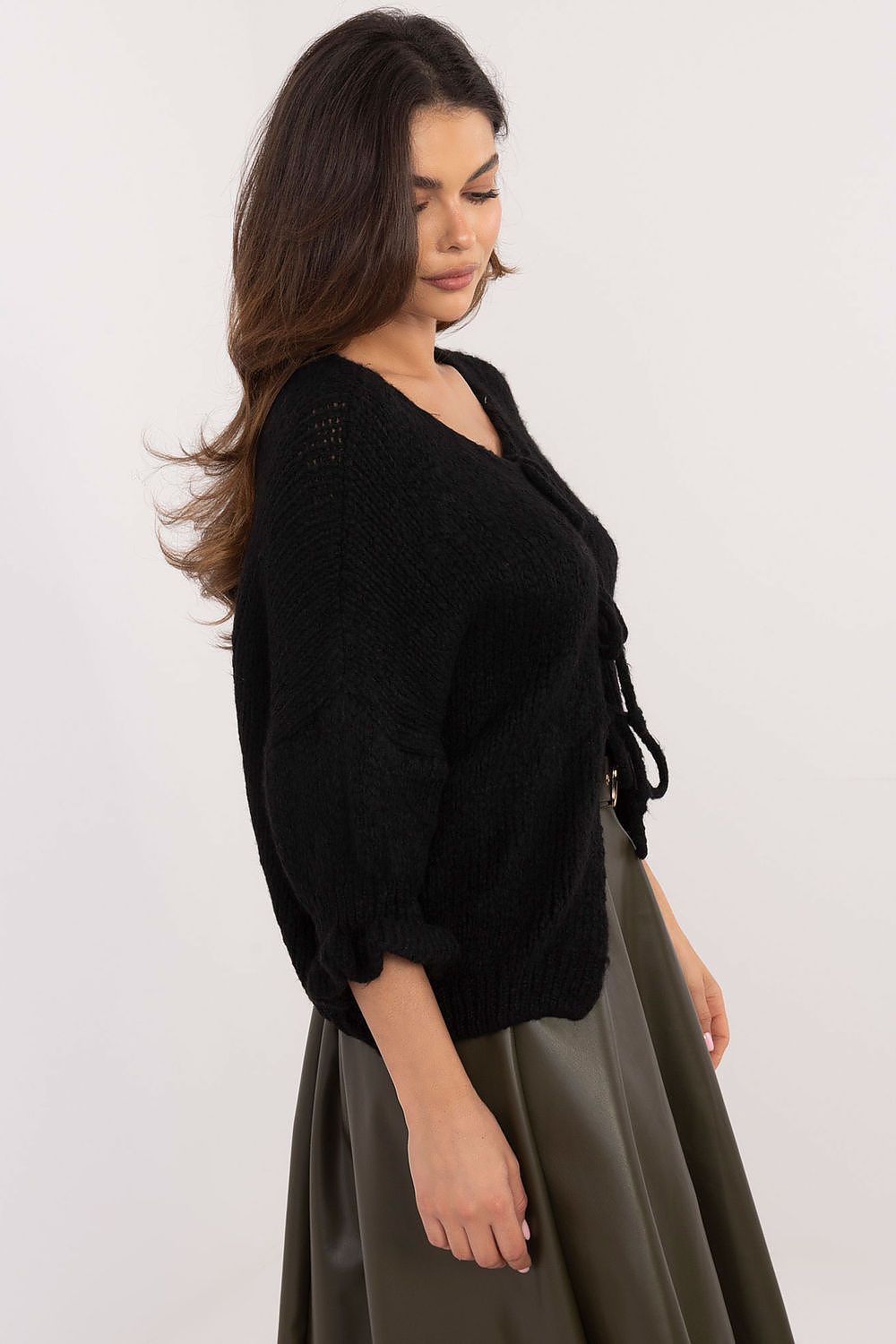 Elegant Women's Casual Cardigan Sweater with Three-Tie Binding and 3/4 Sleeves by Italy Moda