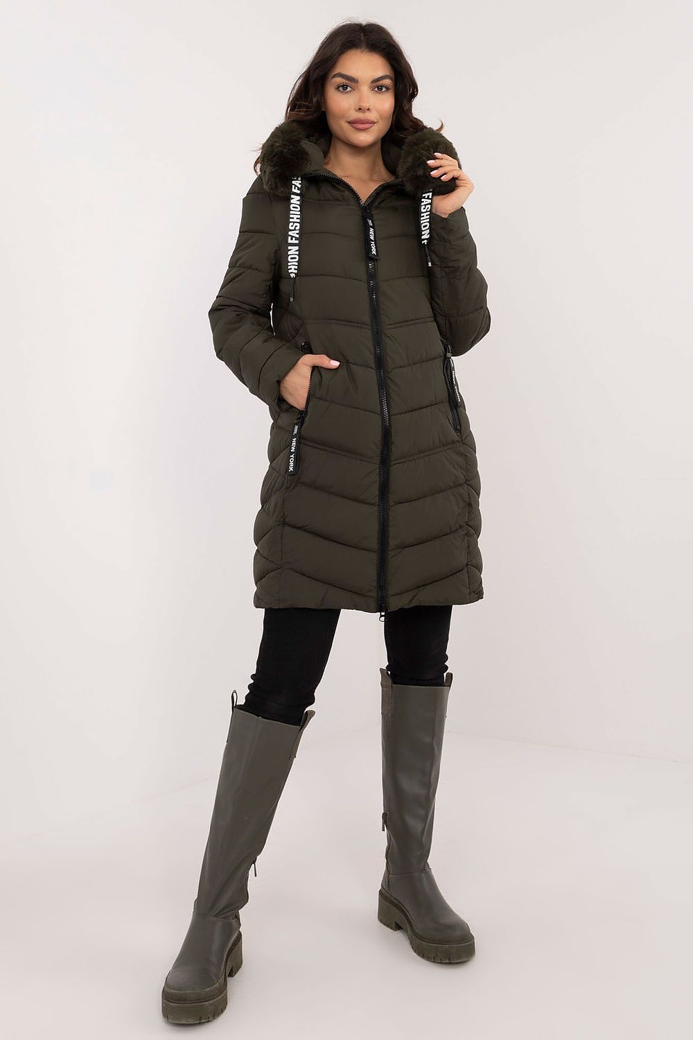 Luxury Knee-Length Quilted Jacket with Detachable Fur Hood - Sizes S to XXL