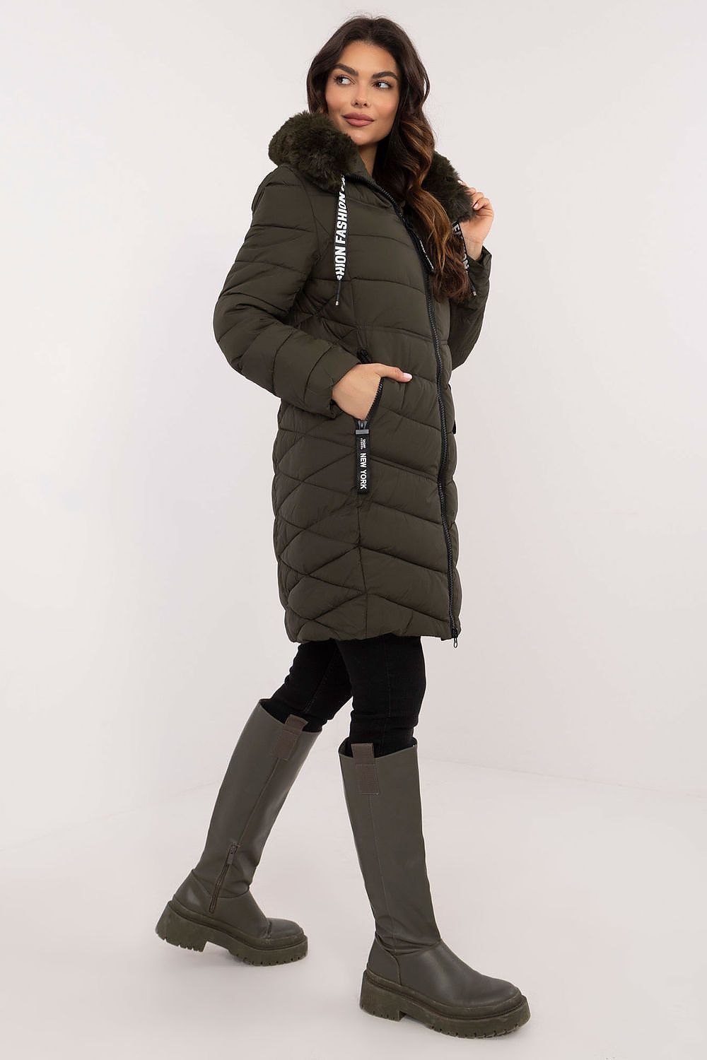 Luxury Knee-Length Quilted Jacket with Detachable Fur Hood - Sizes S to XXL