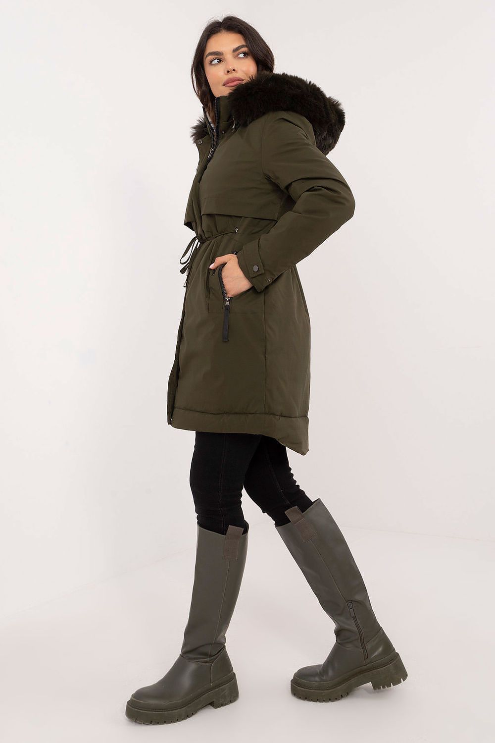 Luxury Quilted Jacket With Detachable Fur Hood, Waist Belt And Zipper Pockets - Sizes S, M, L, XL, XXL