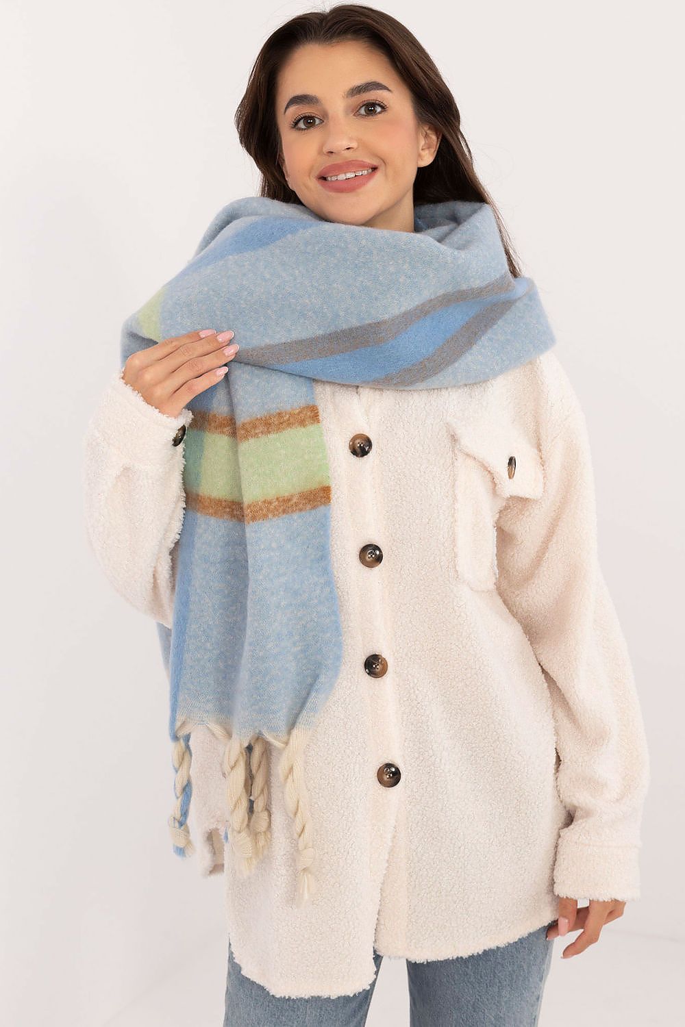 Elegant 180cm Long Check Pattern Polyester Scarf with Tassels for Winter Warmth
