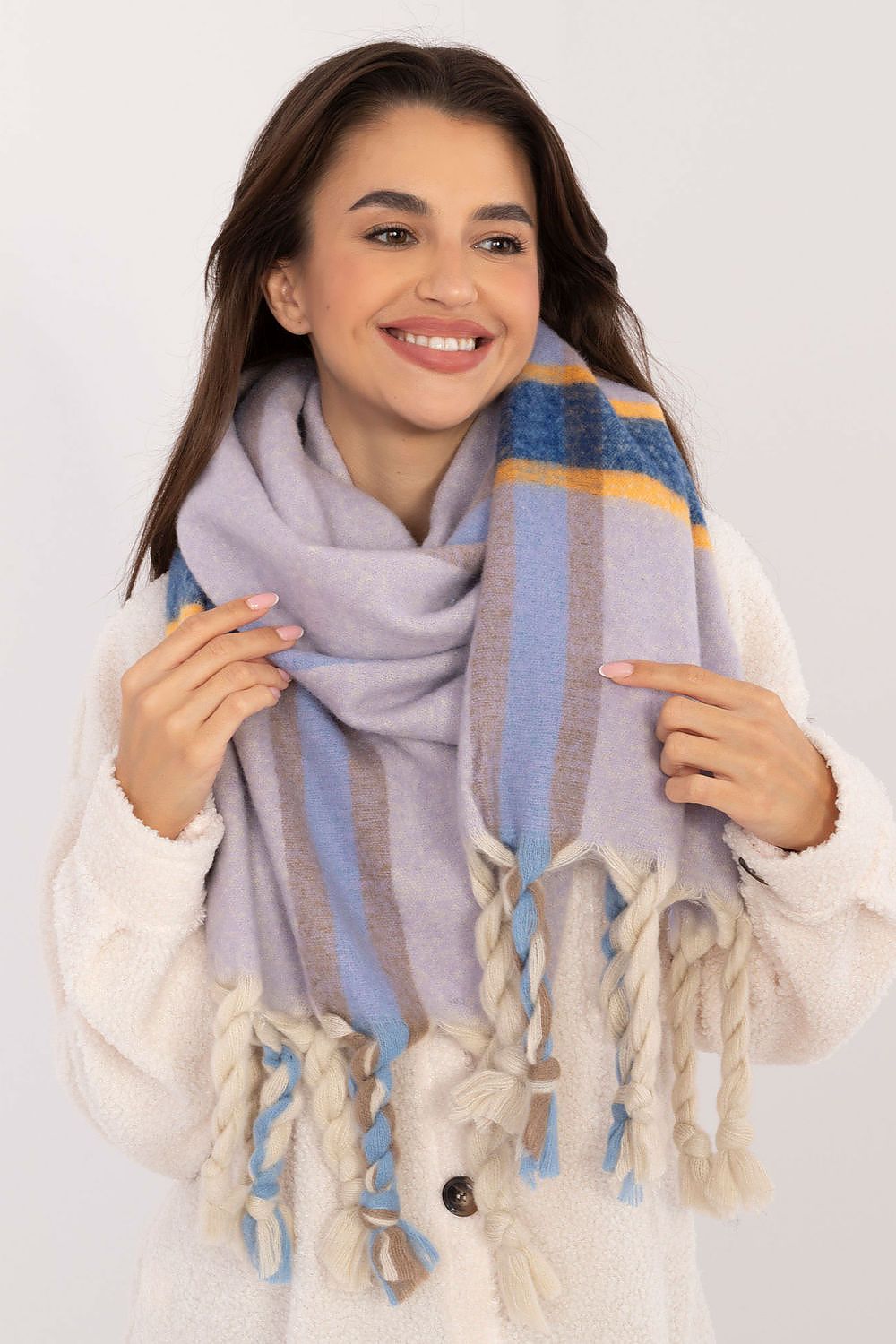 Elegant 180cm Long Check Pattern Polyester Scarf with Tassels for Winter Warmth