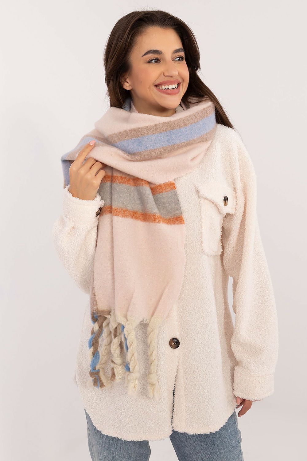Elegant 180cm Long Check Pattern Polyester Scarf with Tassels for Winter Warmth
