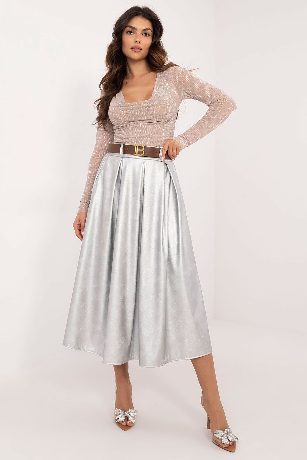 Elegant Imitation Leather Midi Skirt with Buckled Waistband and Pockets - Sizes EU 0
