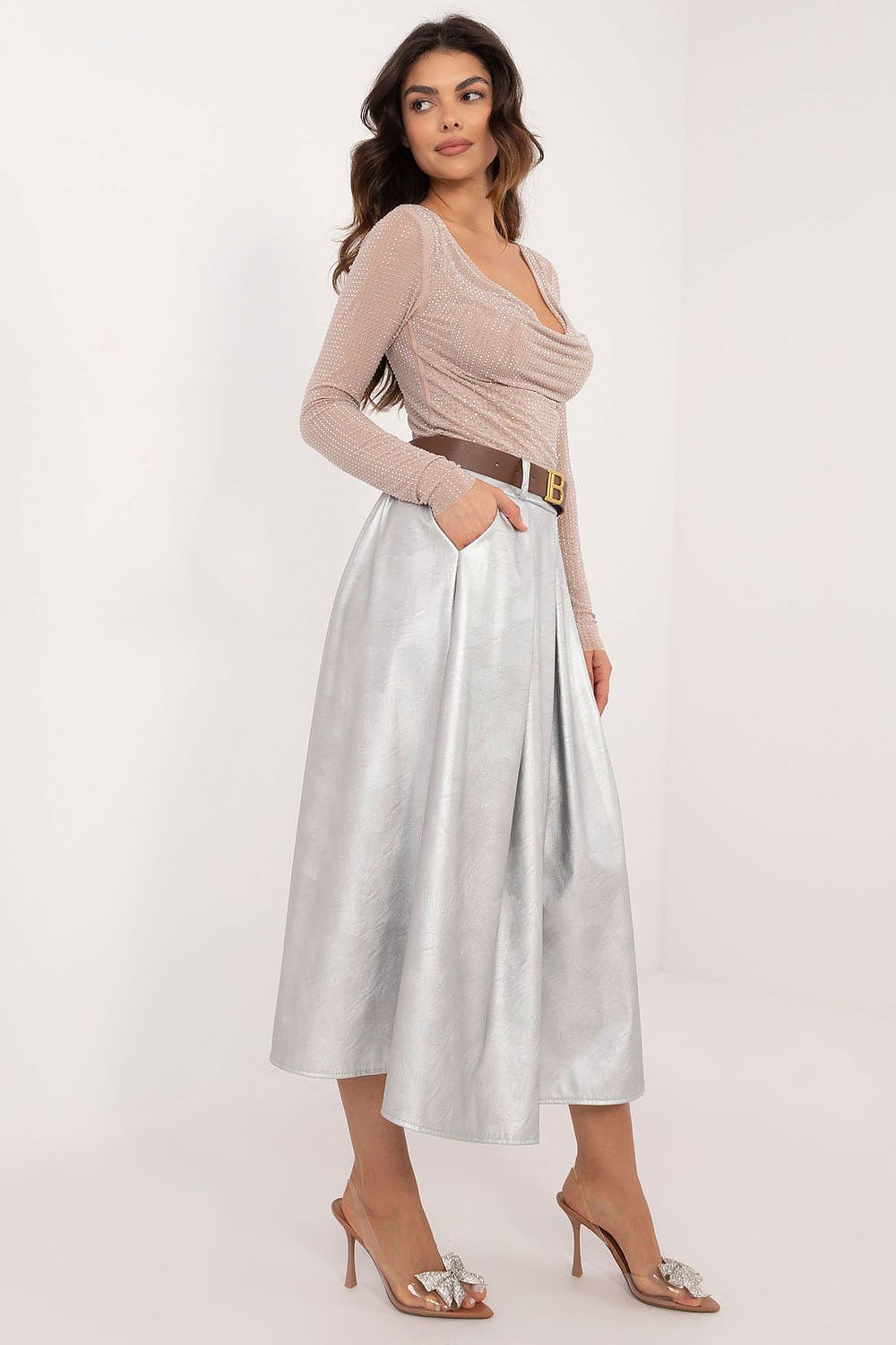 Elegant Imitation Leather Midi Skirt with Buckled Waistband and Pockets - Sizes EU 0