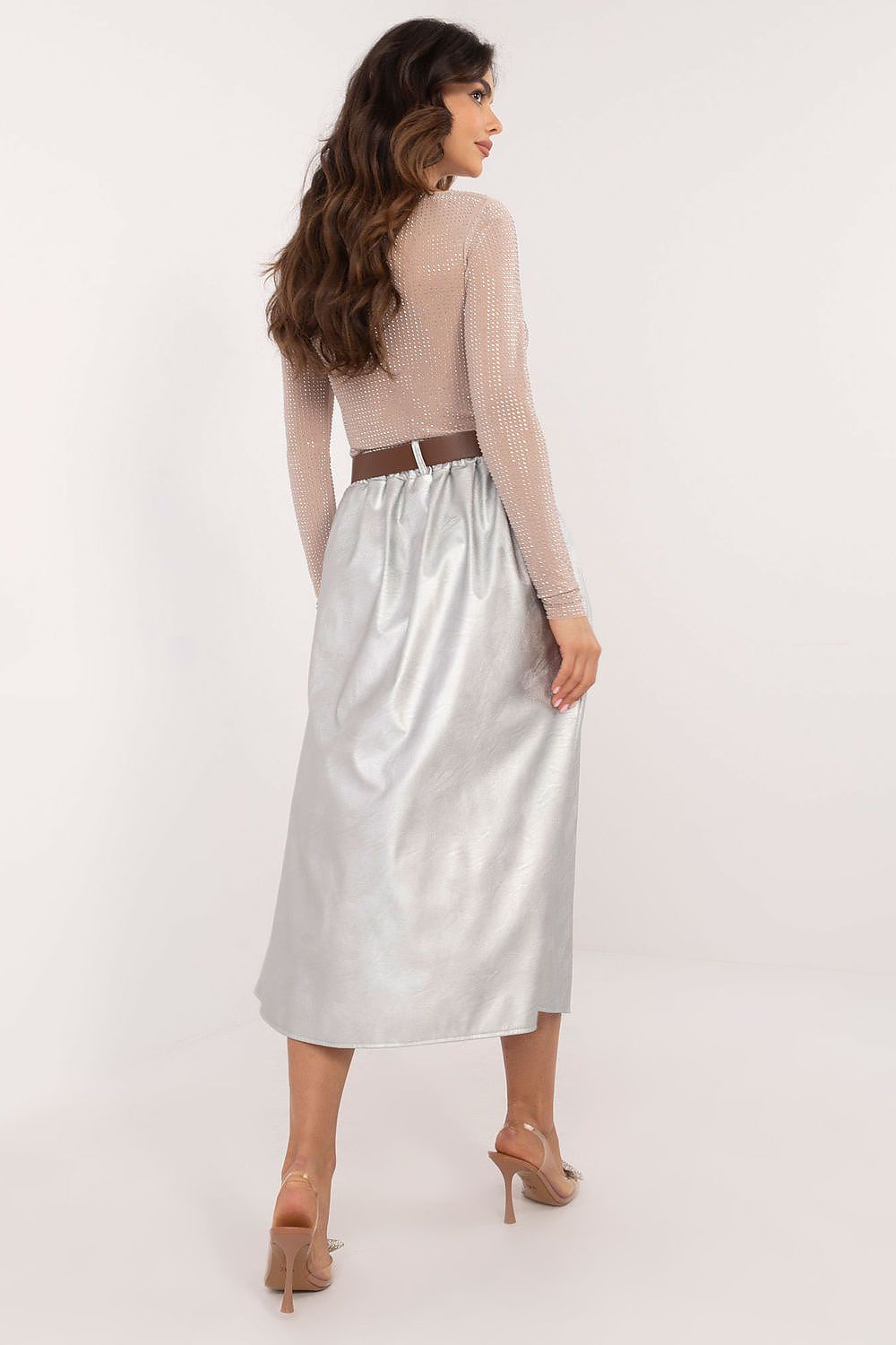 Elegant Imitation Leather Midi Skirt with Buckled Waistband and Pockets - Sizes EU 0
