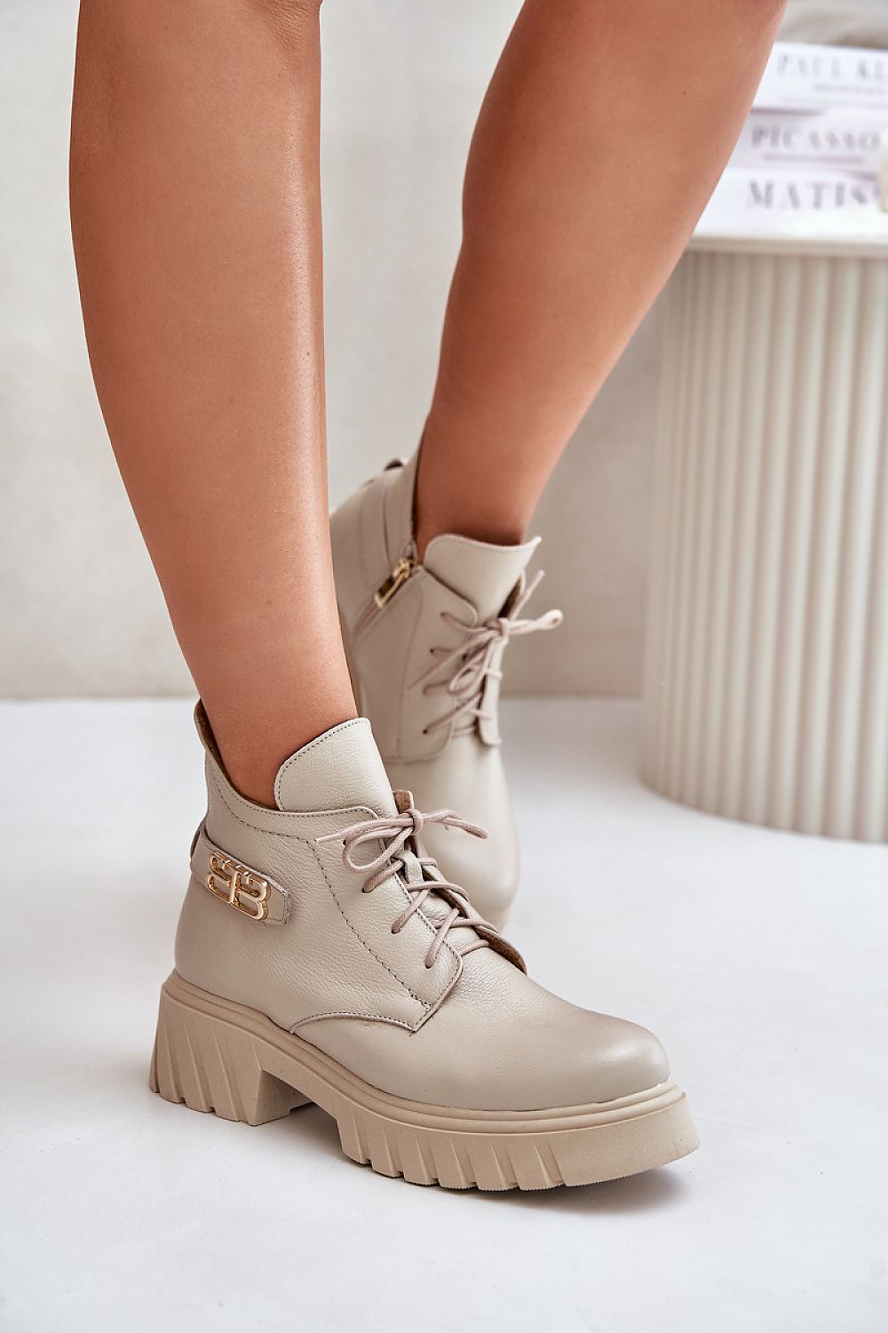 Women's Luxury Natural Leather Zip Laced Insulated Boots with Rounded Toecaps - 13 cm Height